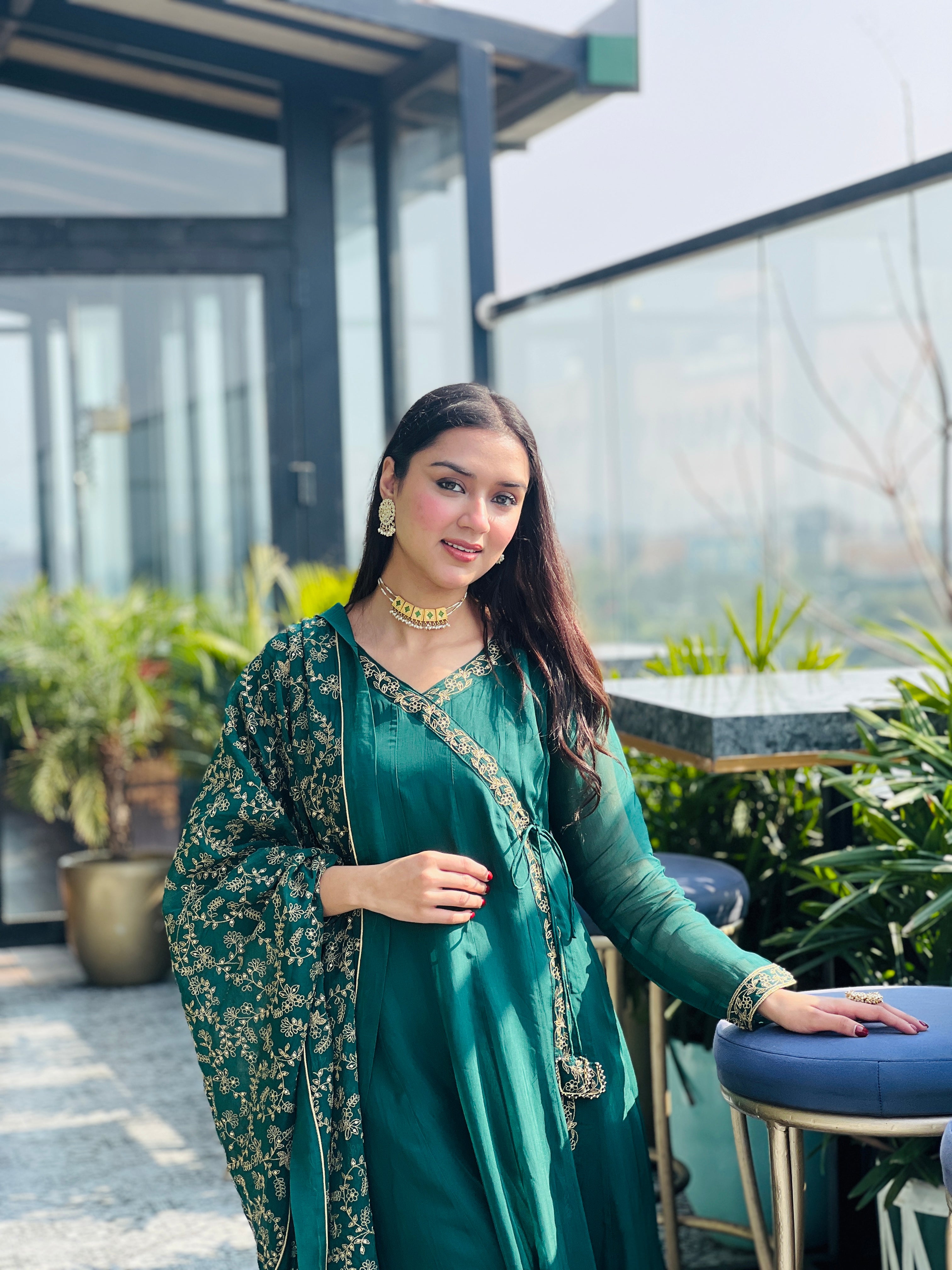 Simran Narang in Sunehri Green Angrakha Anarkali Set