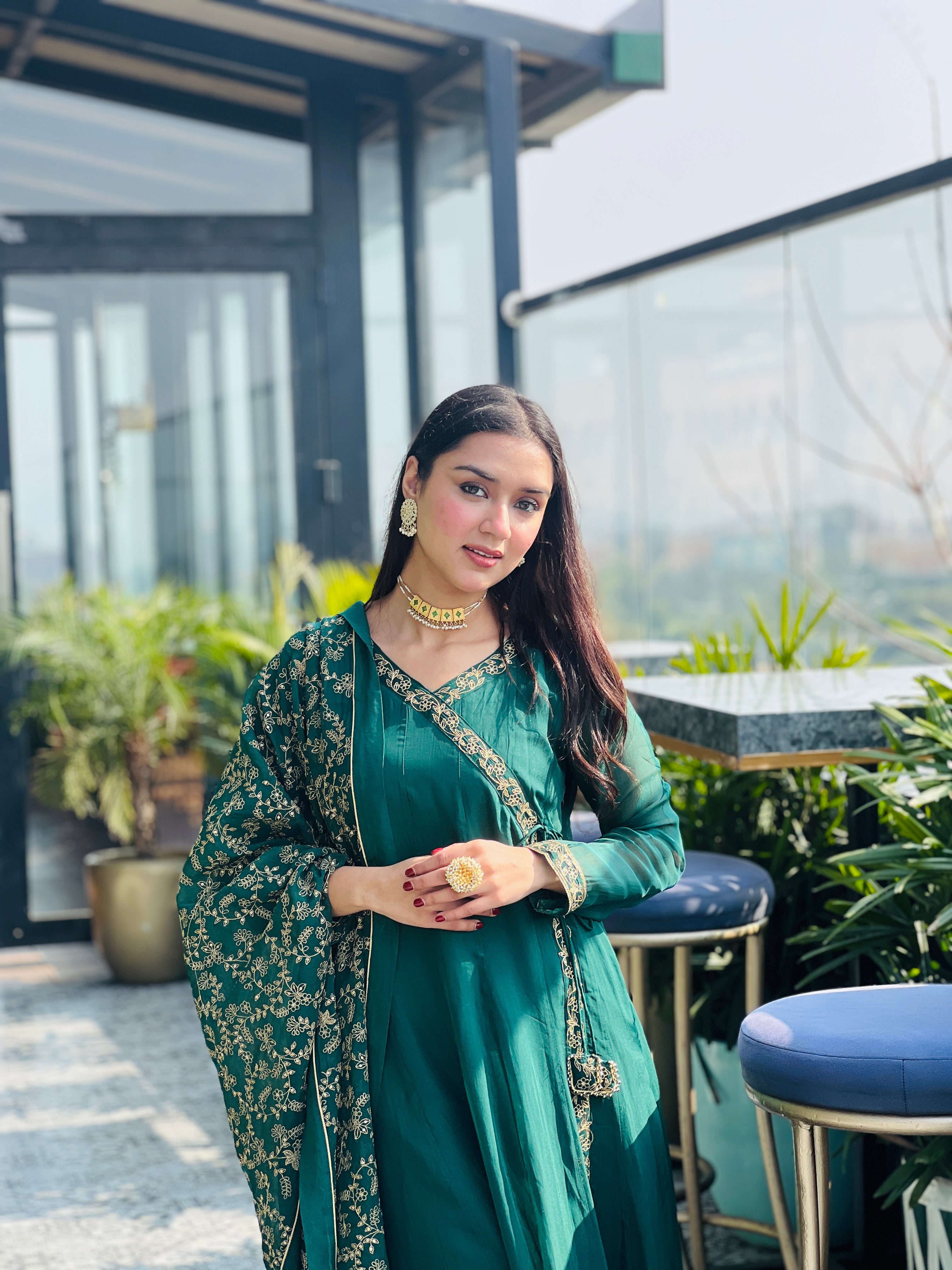 Simran Narang in Sunehri Green Angrakha Anarkali Set
