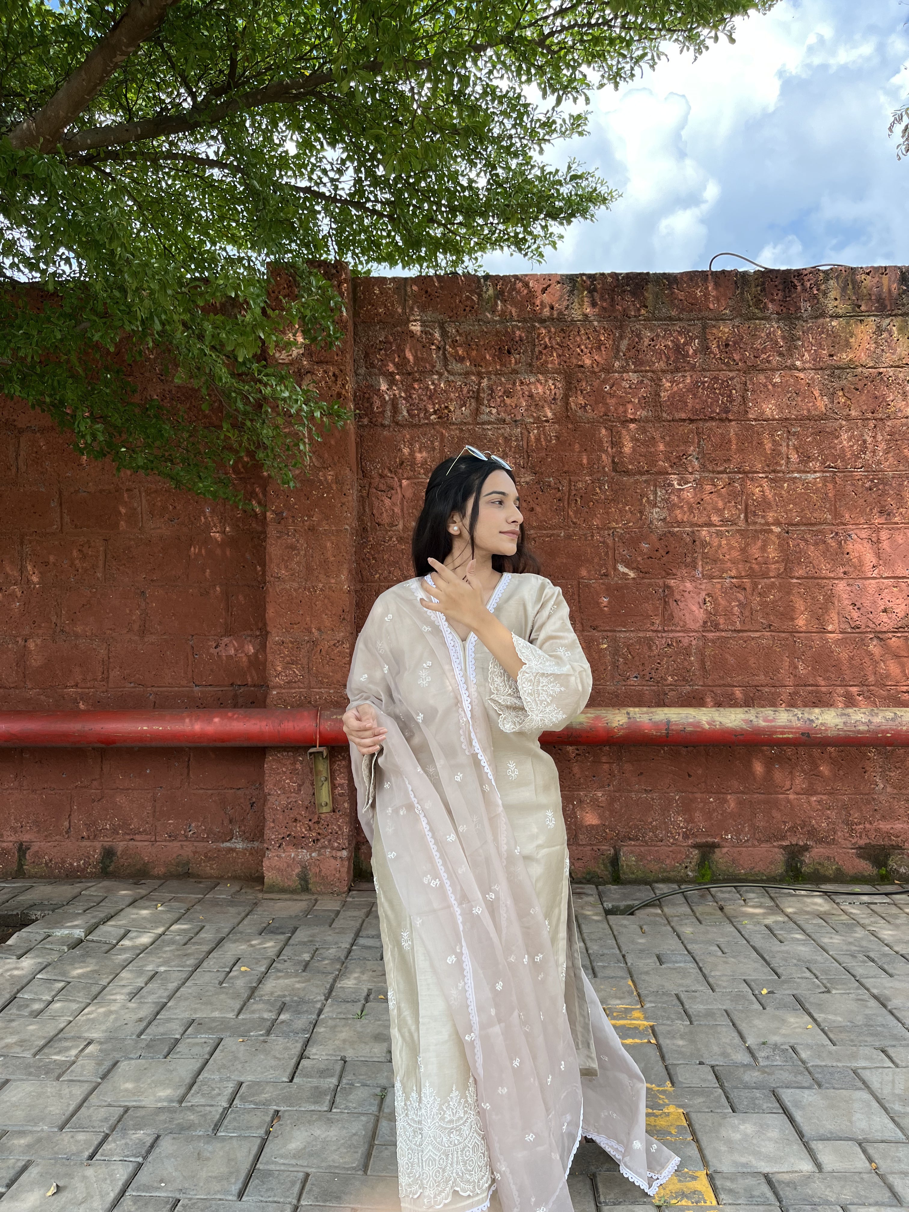 Kajal Gandhi in Hazel Beige Chanderi Suit Set