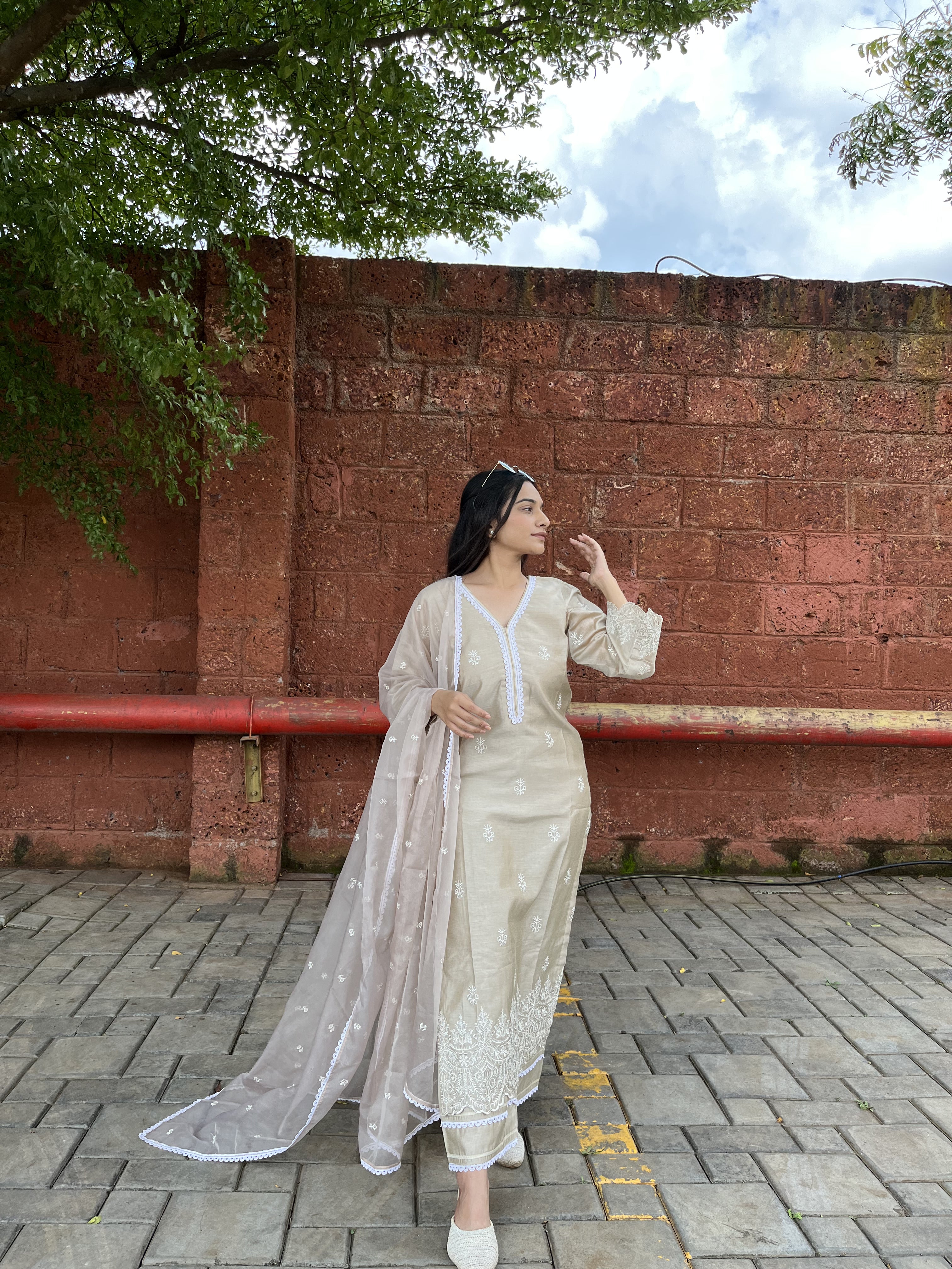 Kajal Gandhi in Hazel Beige Chanderi Suit Set
