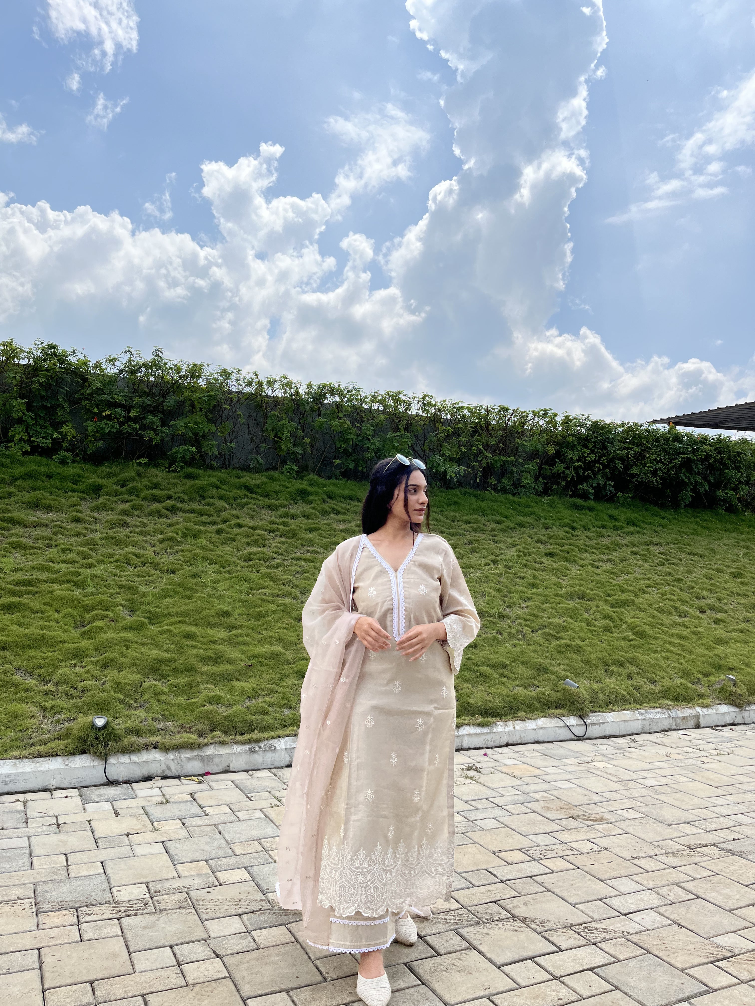 Kajal Gandhi in Hazel Beige Chanderi Suit Set
