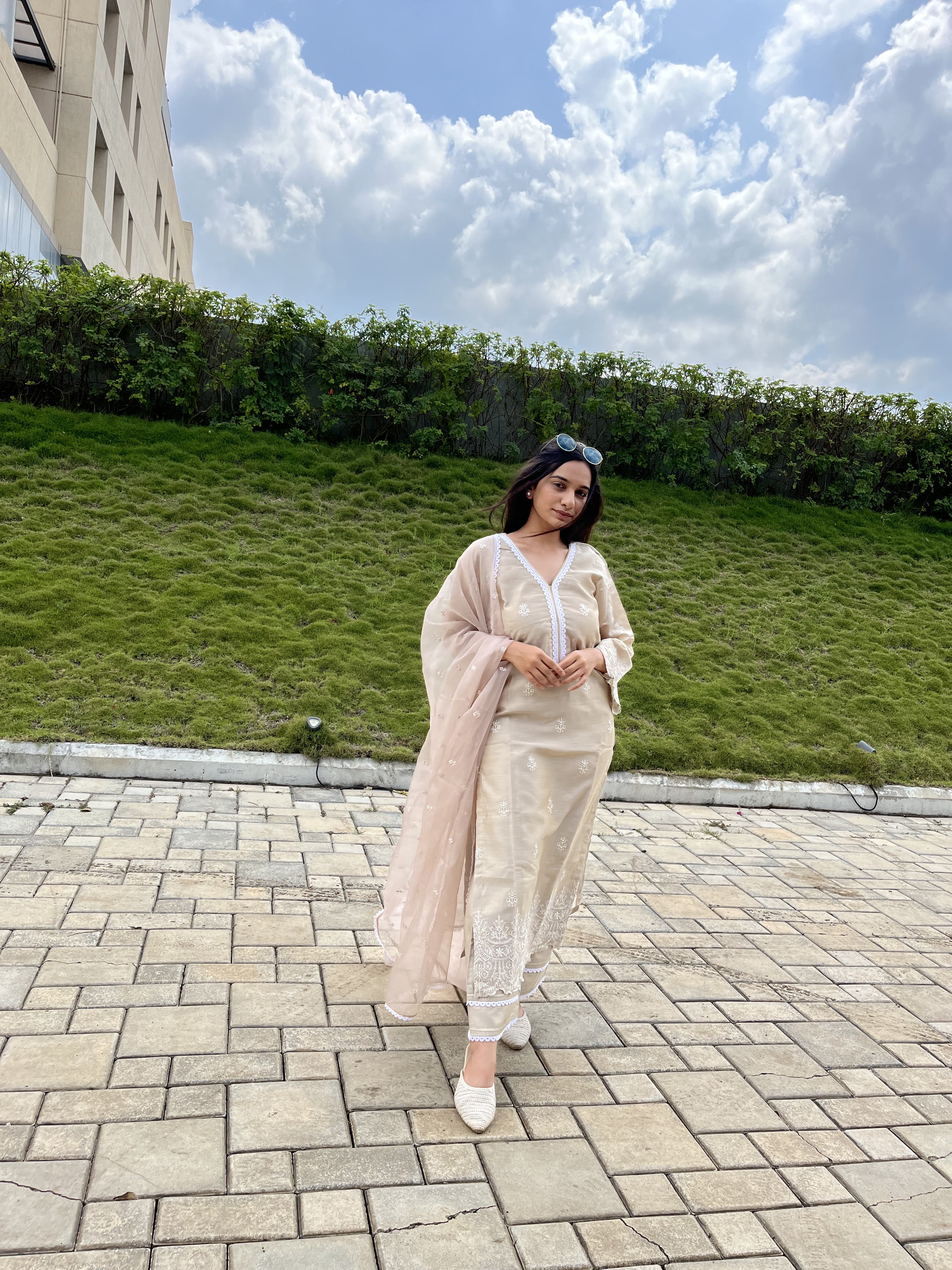 Kajal Gandhi in Hazel Beige Chanderi Suit Set