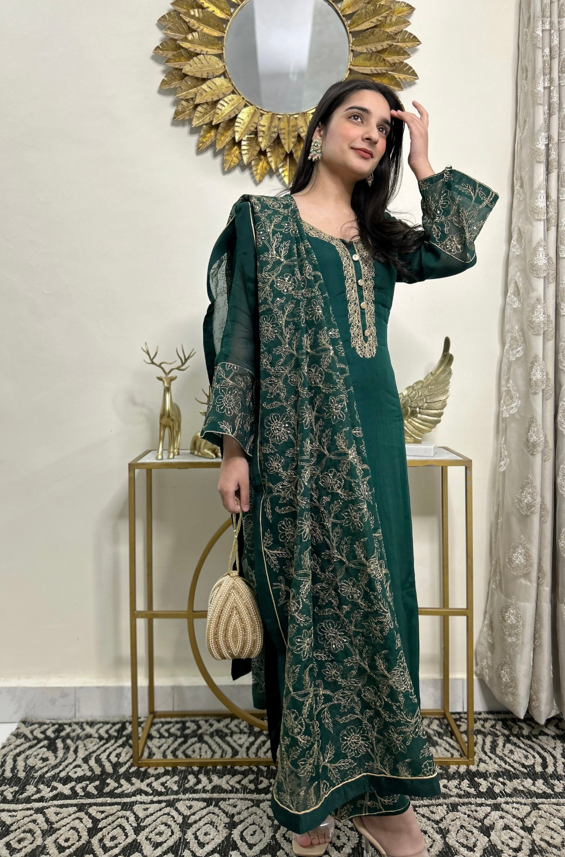 Latest Pakistani Mehndi Wear Bottle Green Frock Embellished Neckline |  Latest Asian Bridal Wear Women Formal Fashion Dresses