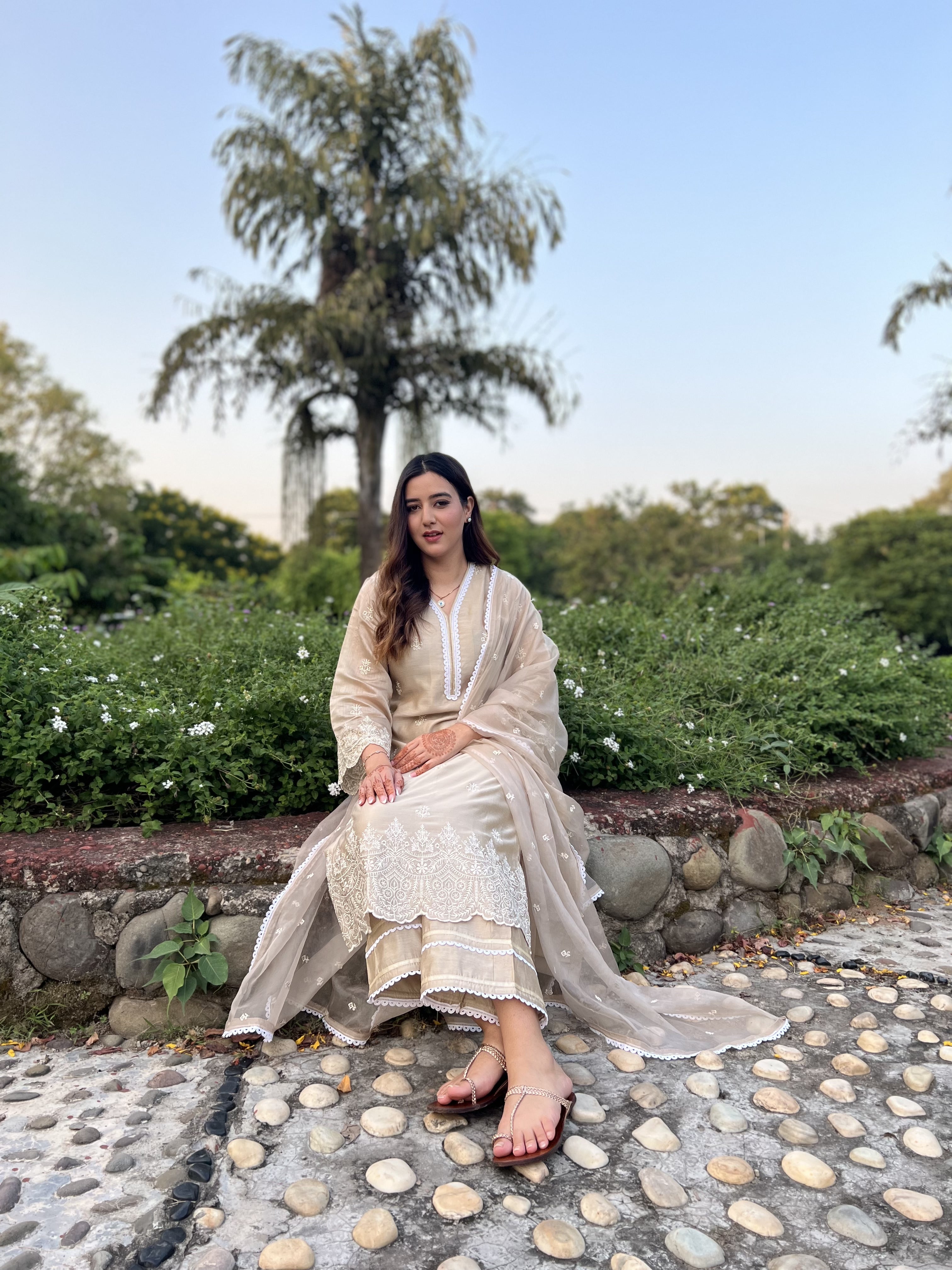 Shivali Katoch in Hazel Beige Chanderi Suit Set