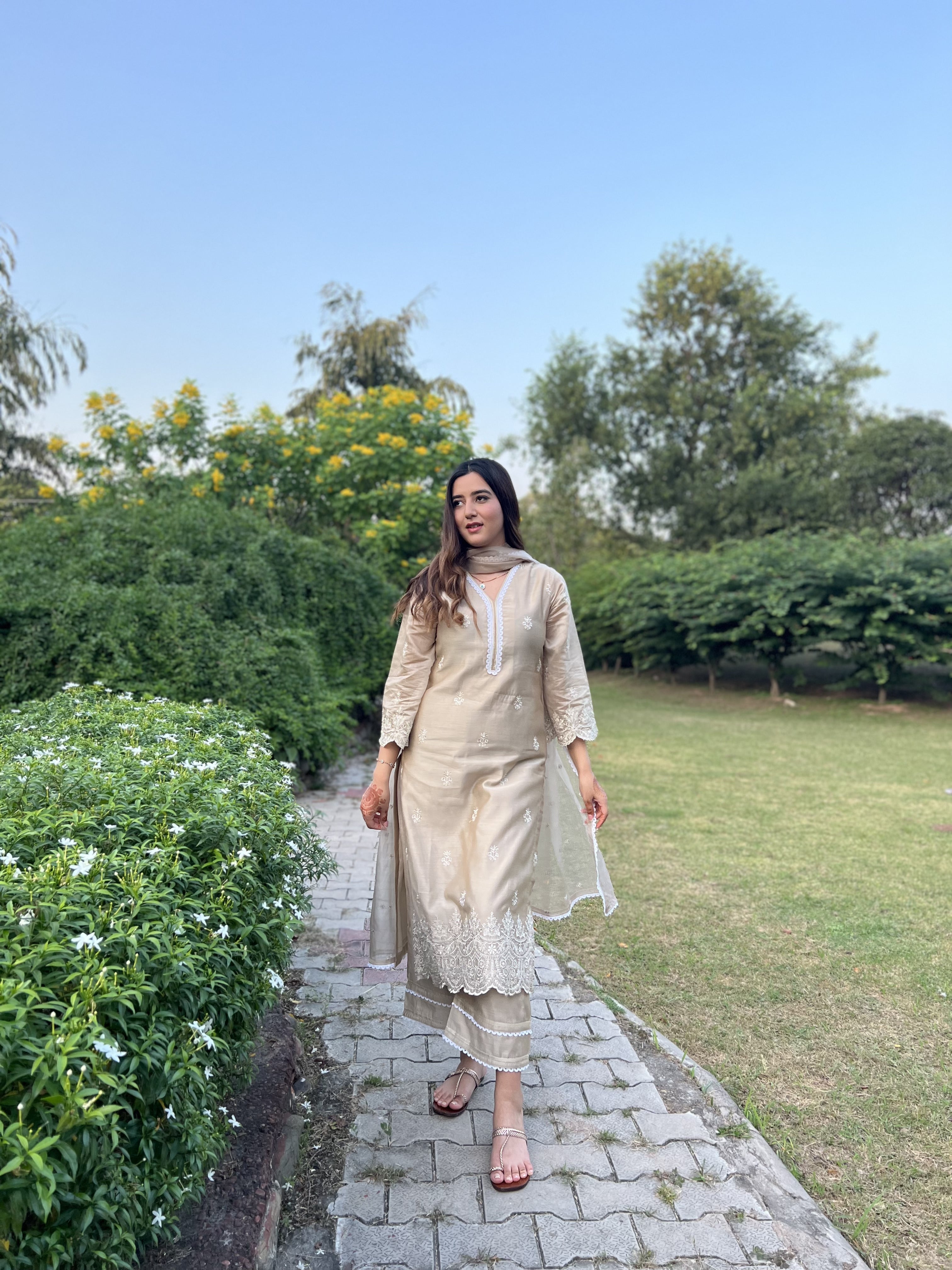 Shivali Katoch in Hazel Beige Chanderi Suit Set
