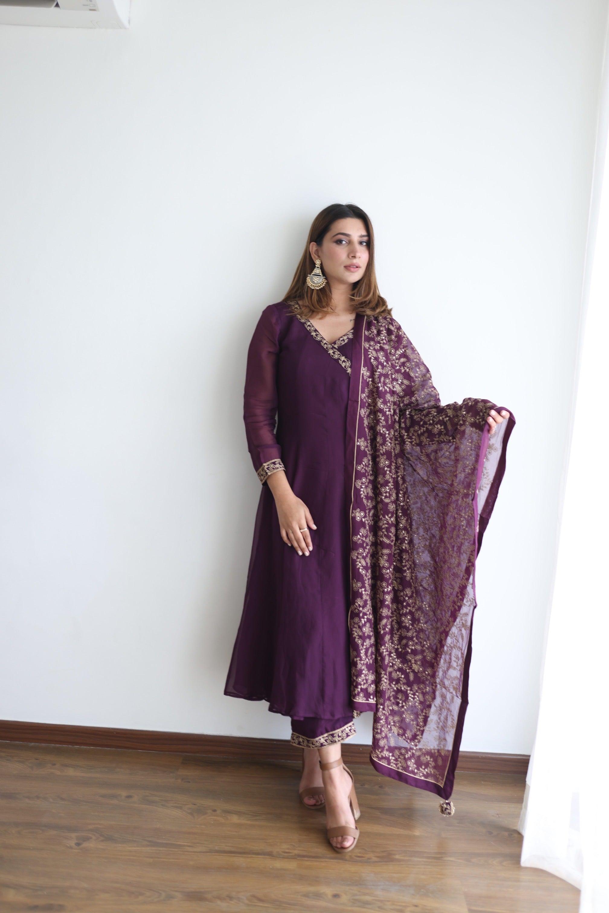 Simran Kaur in Sunehri Purple Angrakha Anarkali Set