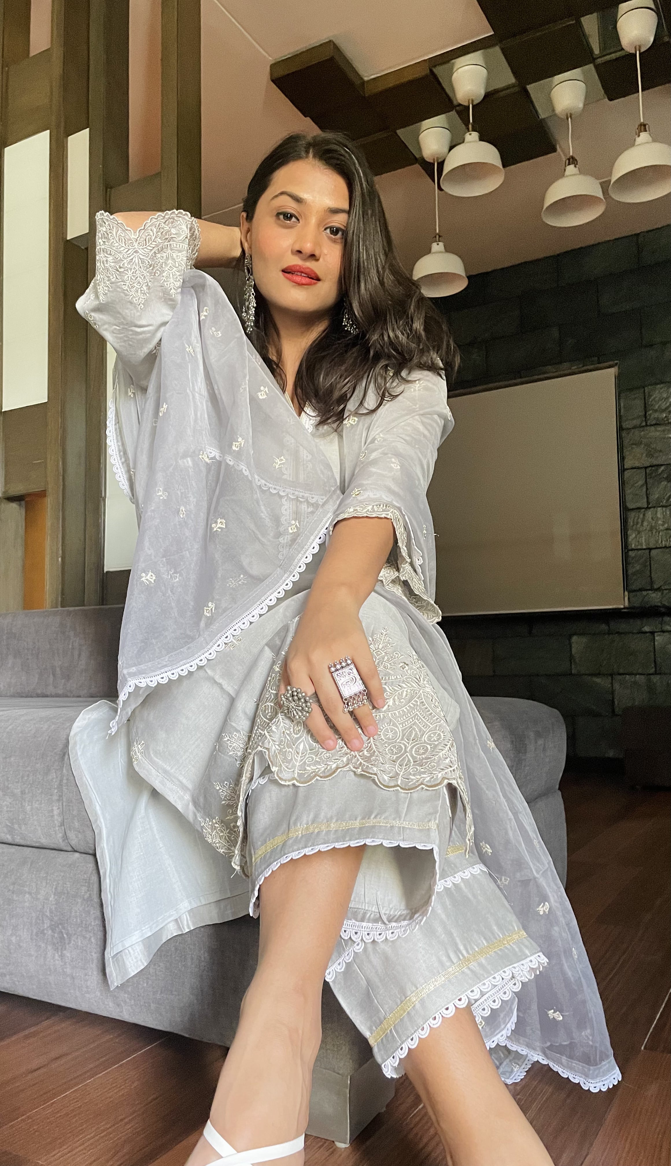 Riya Karamchandani in Silver Grey Chanderi Suit Set