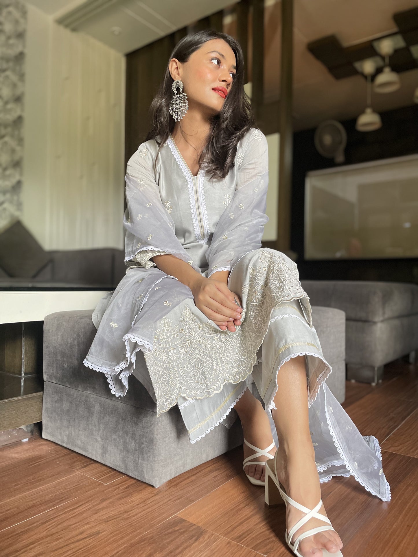 Riya Karamchandani in Silver Grey Chanderi Suit Set