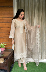 Tanya Kapoor in Hazel Beige Chanderi Suit Set