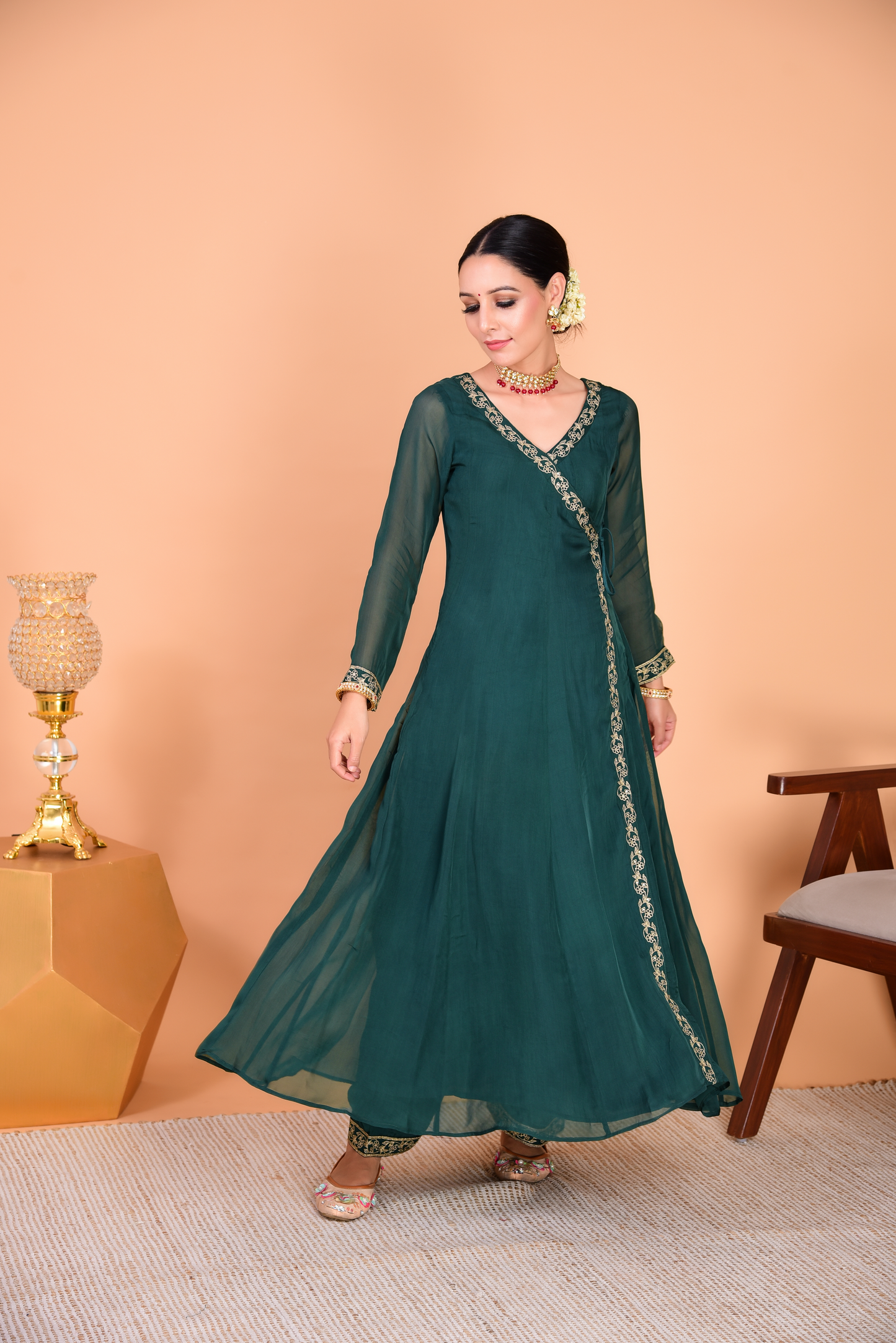 Sunehri Green Angrakha Anarkali Set