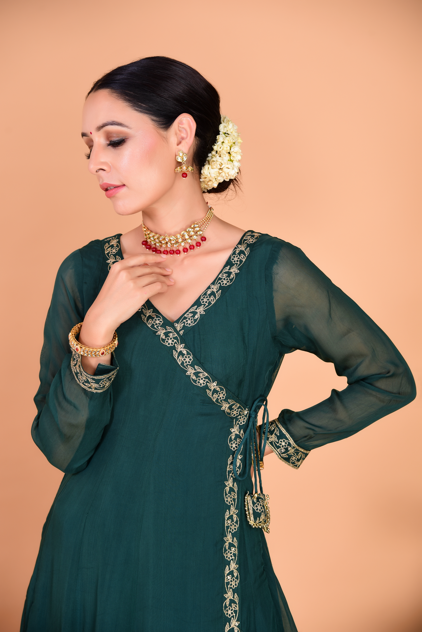 Sunehri Green Angrakha Anarkali Set