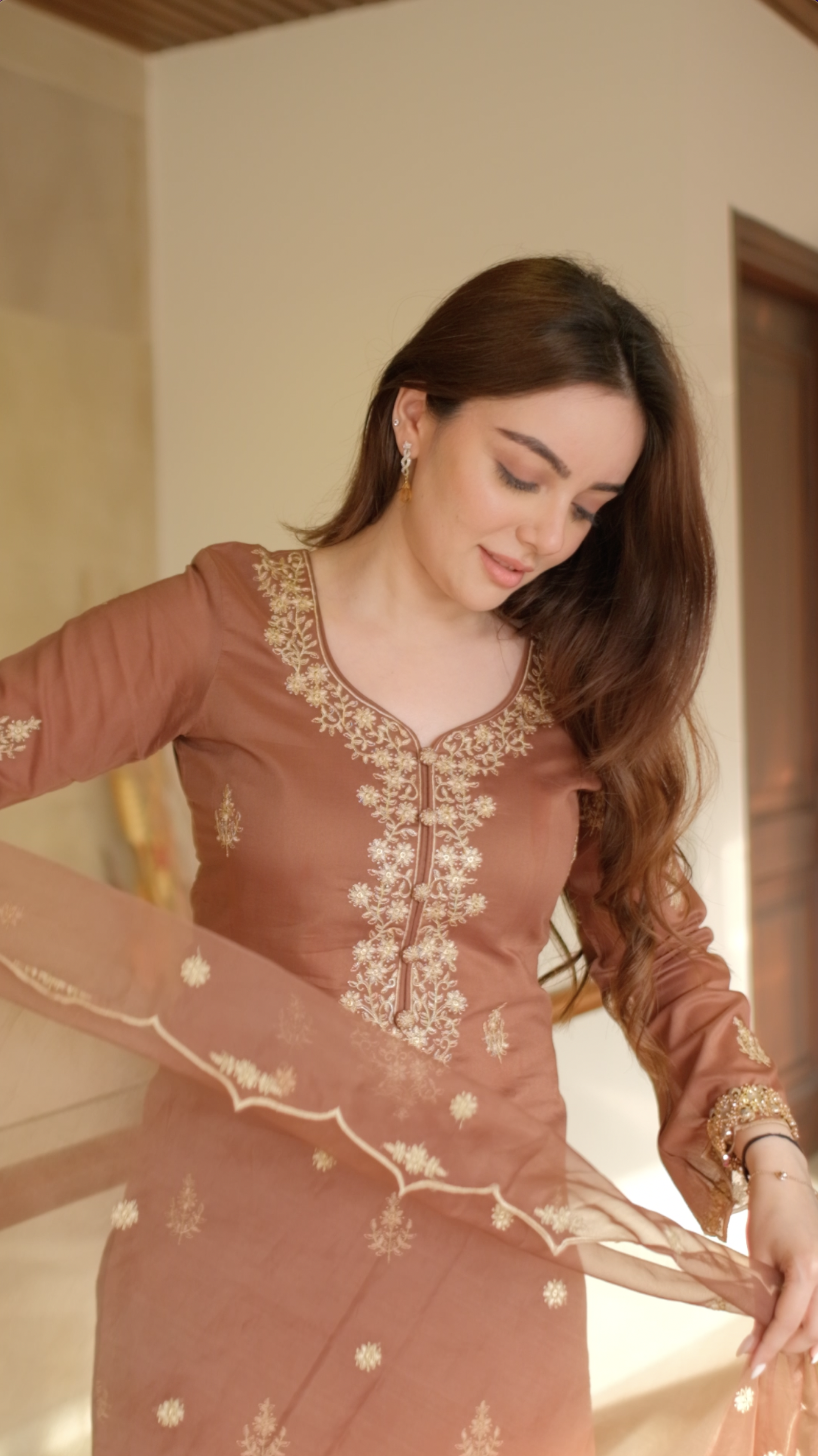 Simran Sethi in Walnut Brown Chanderi Silk Suit Set