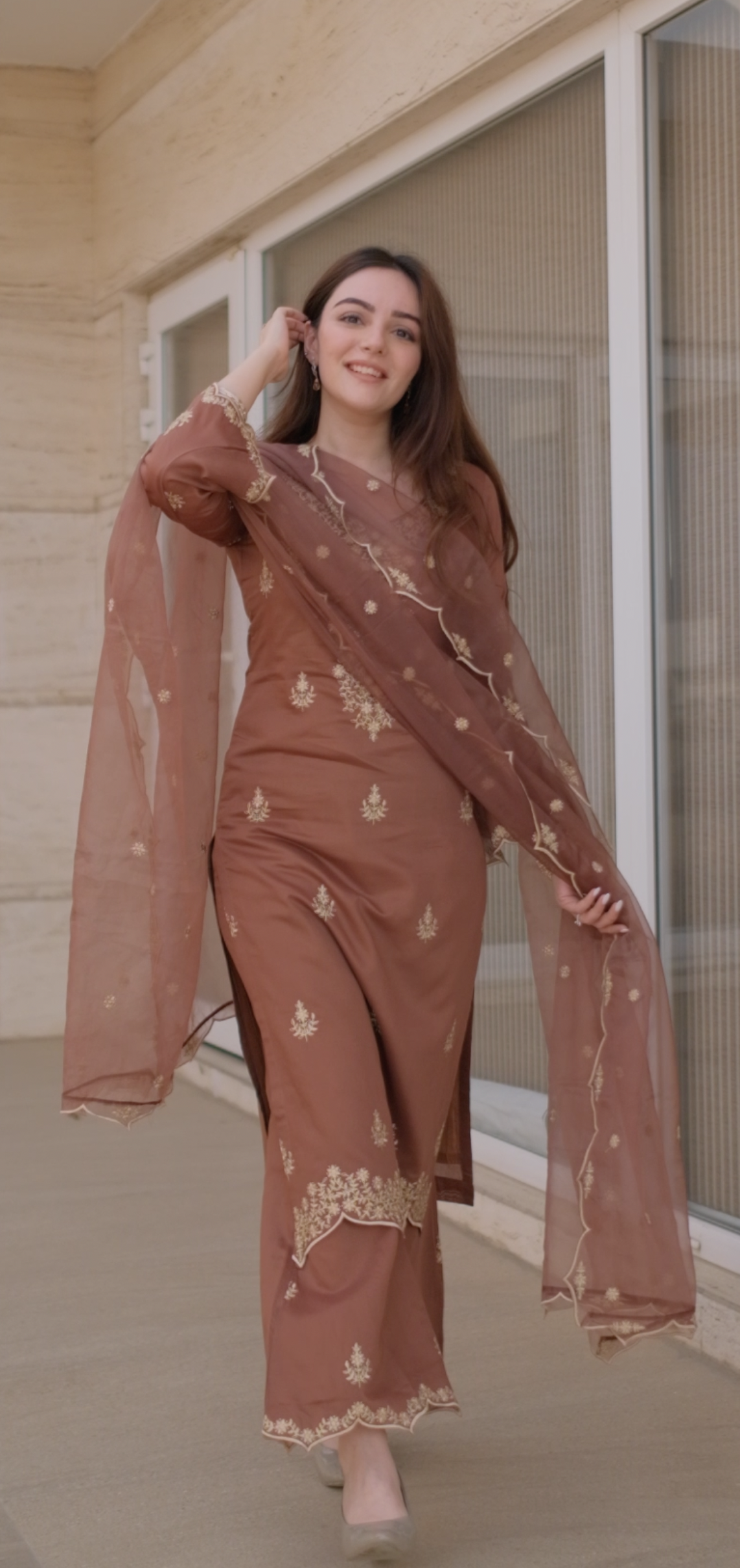 Simran Sethi in Walnut Brown Chanderi Silk Suit Set