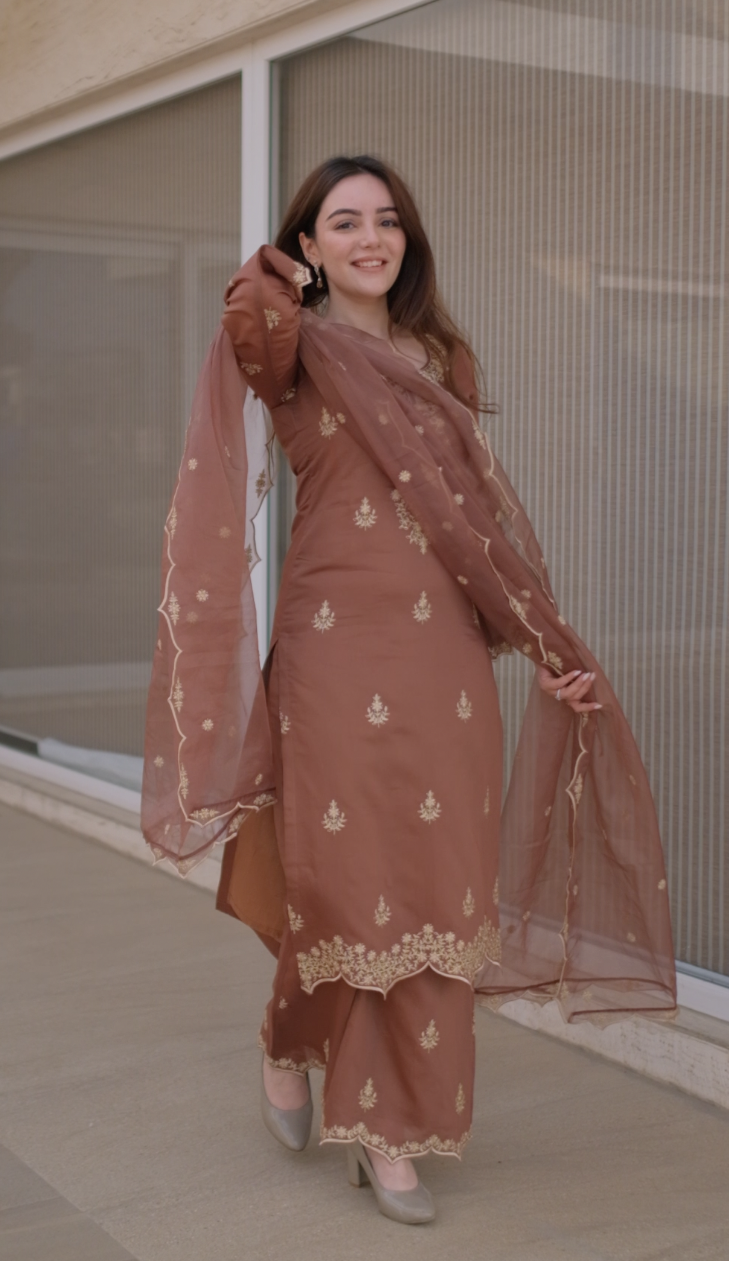 Simran Sethi in Walnut Brown Chanderi Silk Suit Set