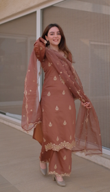 Simran Sethi in Walnut Brown Chanderi Silk Suit Set