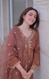 Simran Sethi in Walnut Brown Chanderi Silk Suit Set