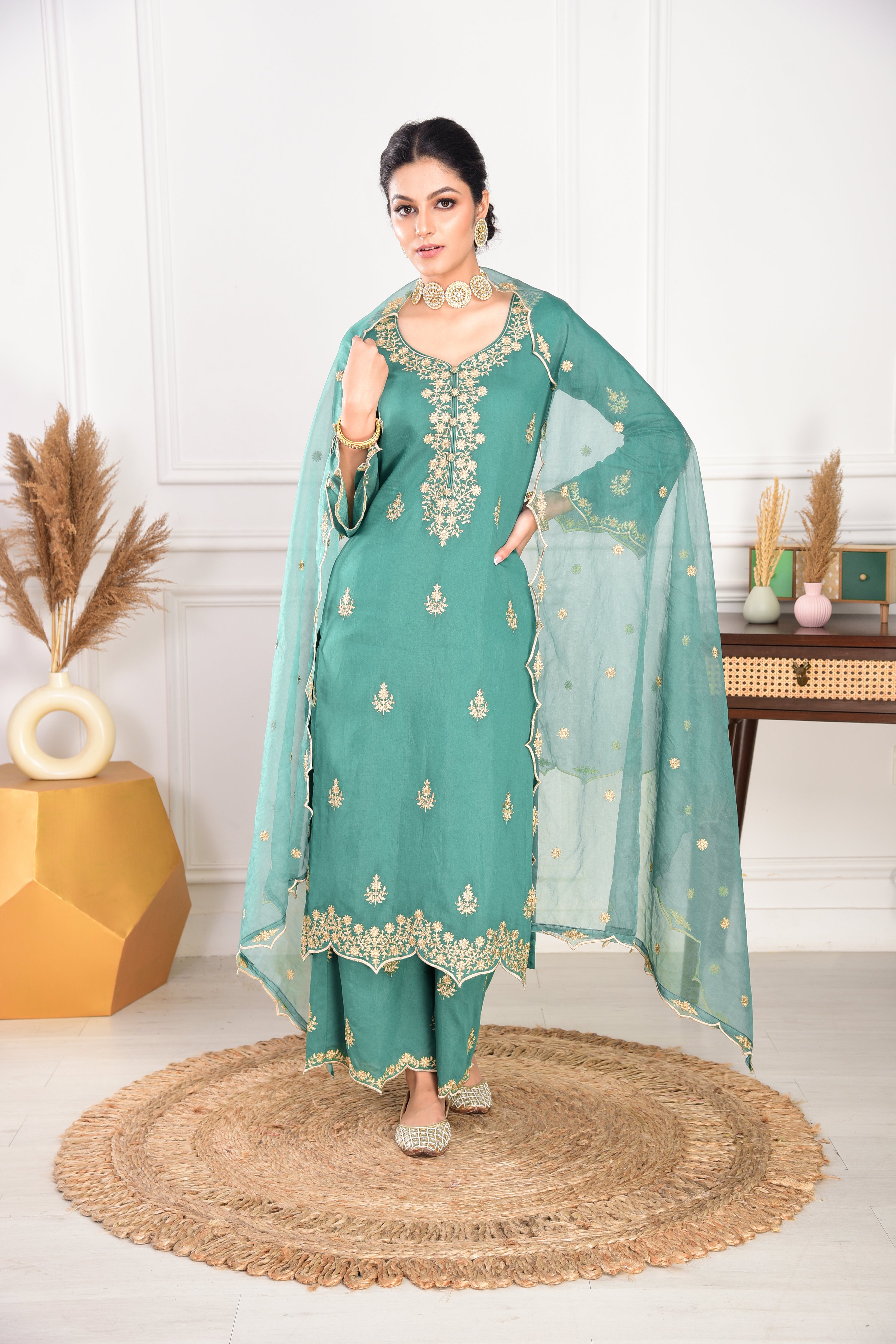 Pine Green Chanderi Silk Suit Set