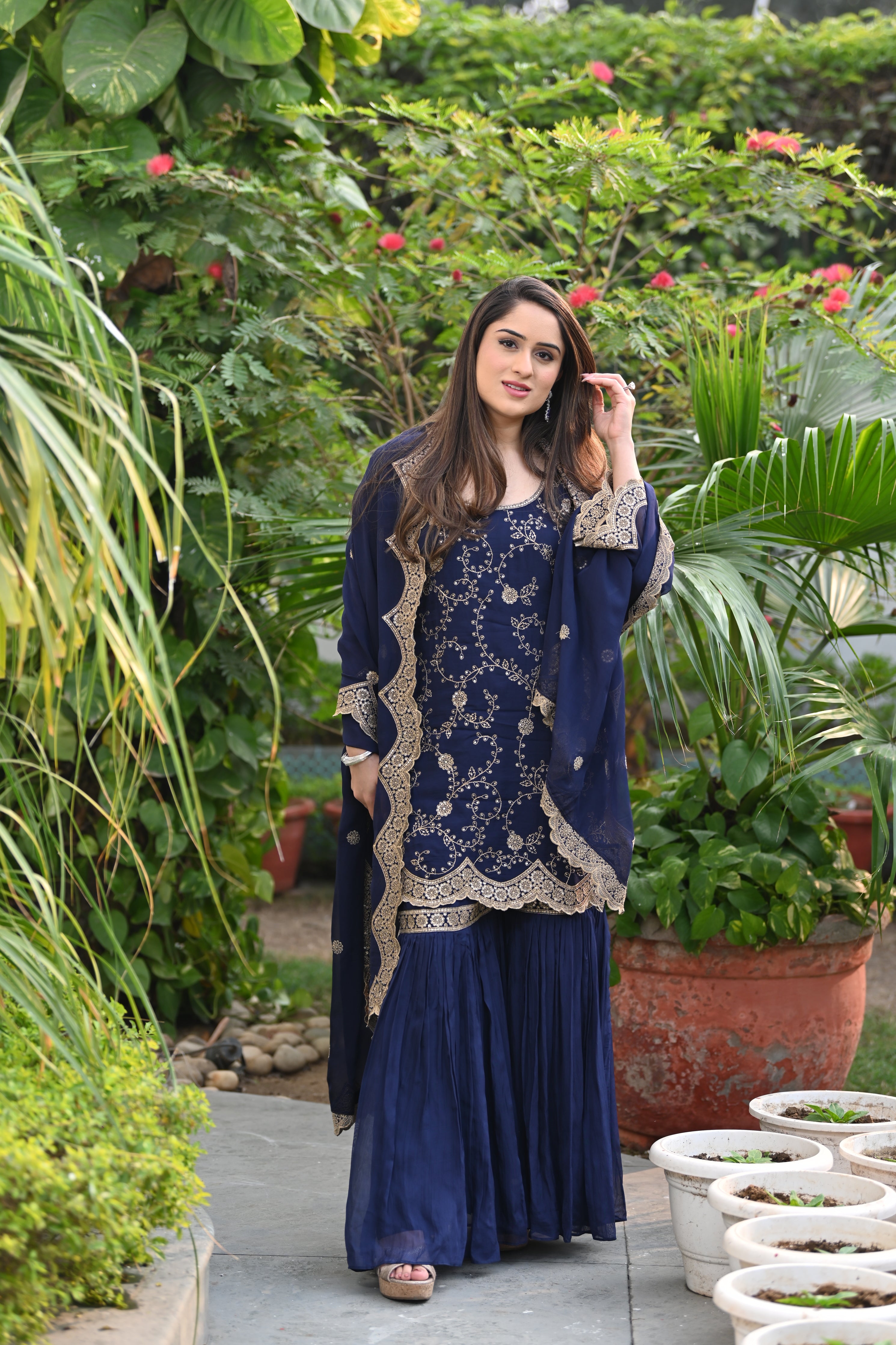 Nikita Vasdev in Sunehri Blue Sharara Set