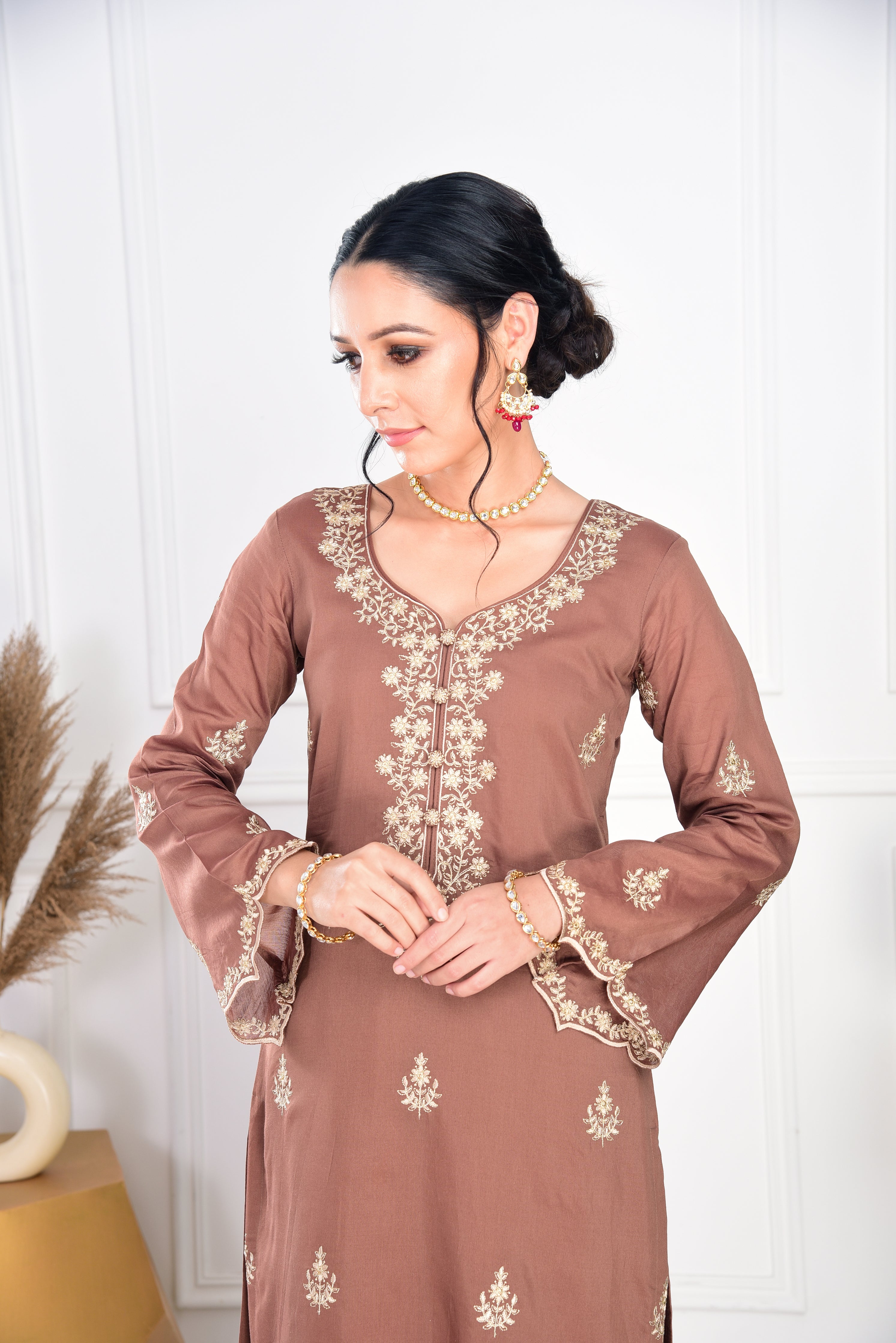 Walnut Brown Chanderi Silk Suit Set