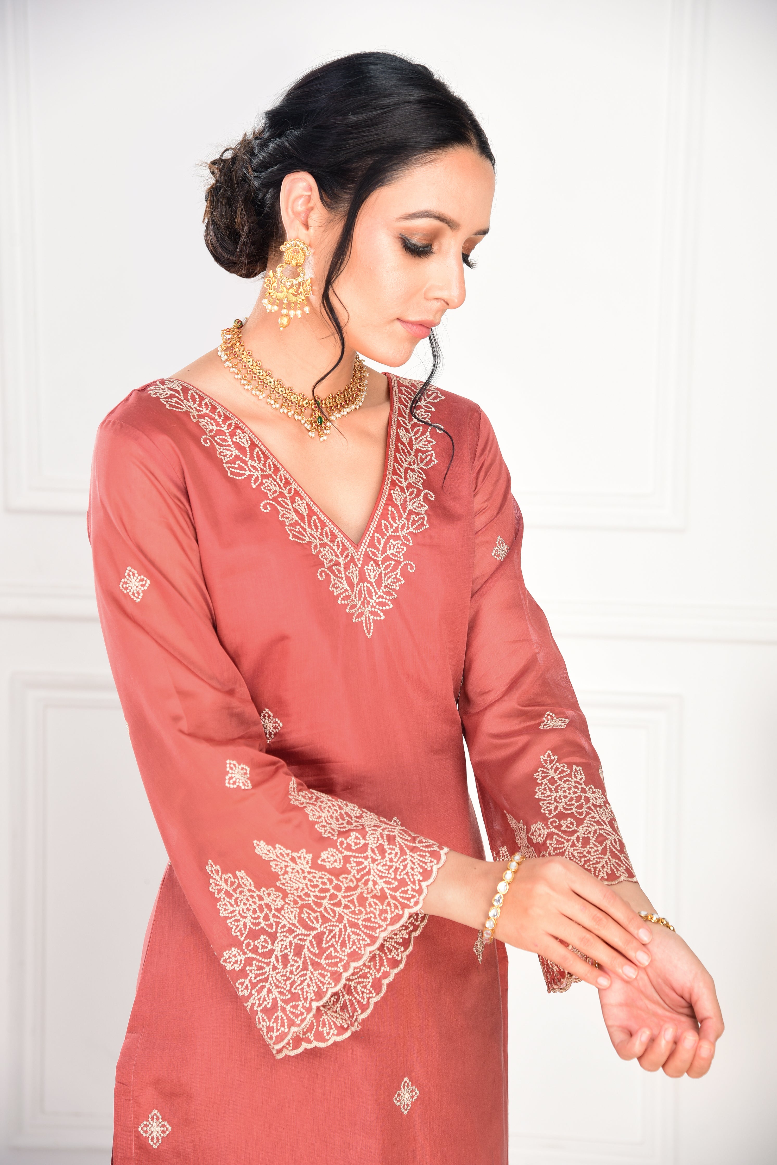 Rust Chanderi Silk Suit Set