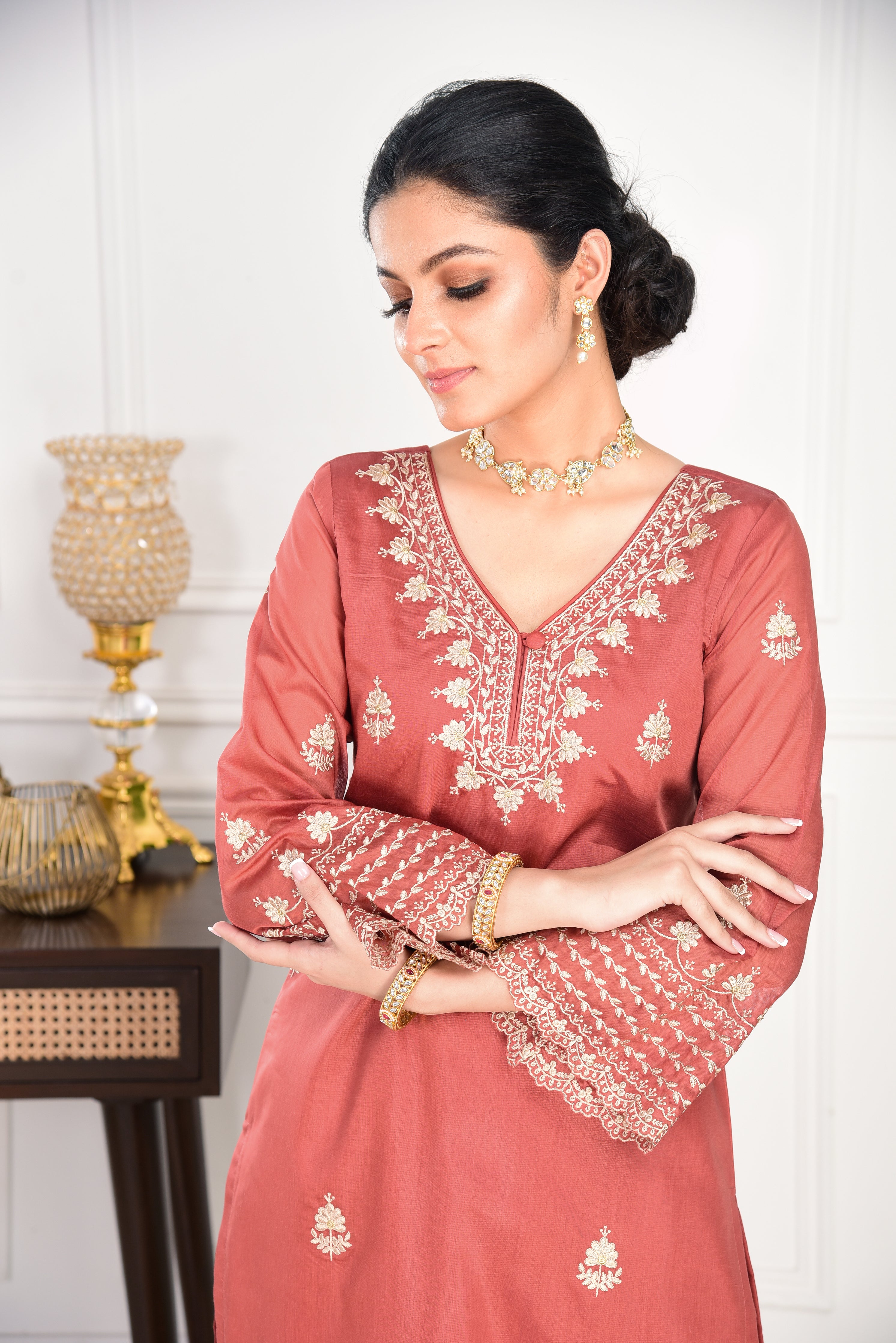 Rust Chanderi Silk Suit Set