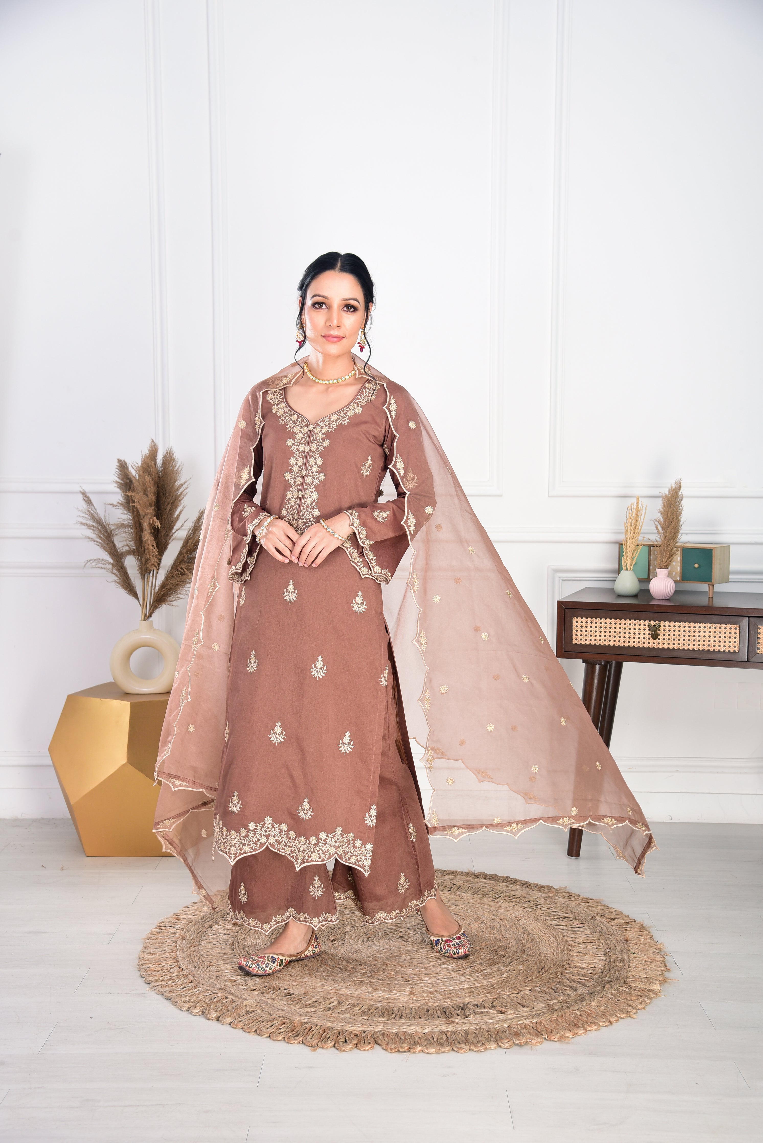Walnut Brown Chanderi Silk Suit Set
