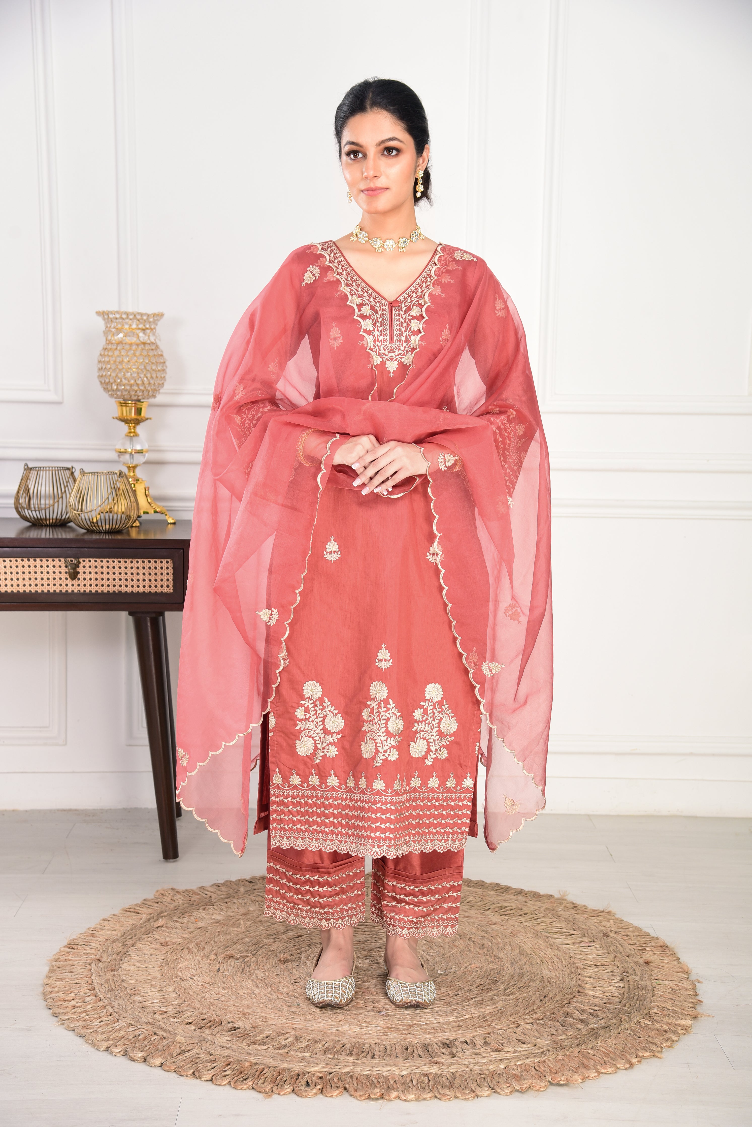 Rust Chanderi Silk Suit Set