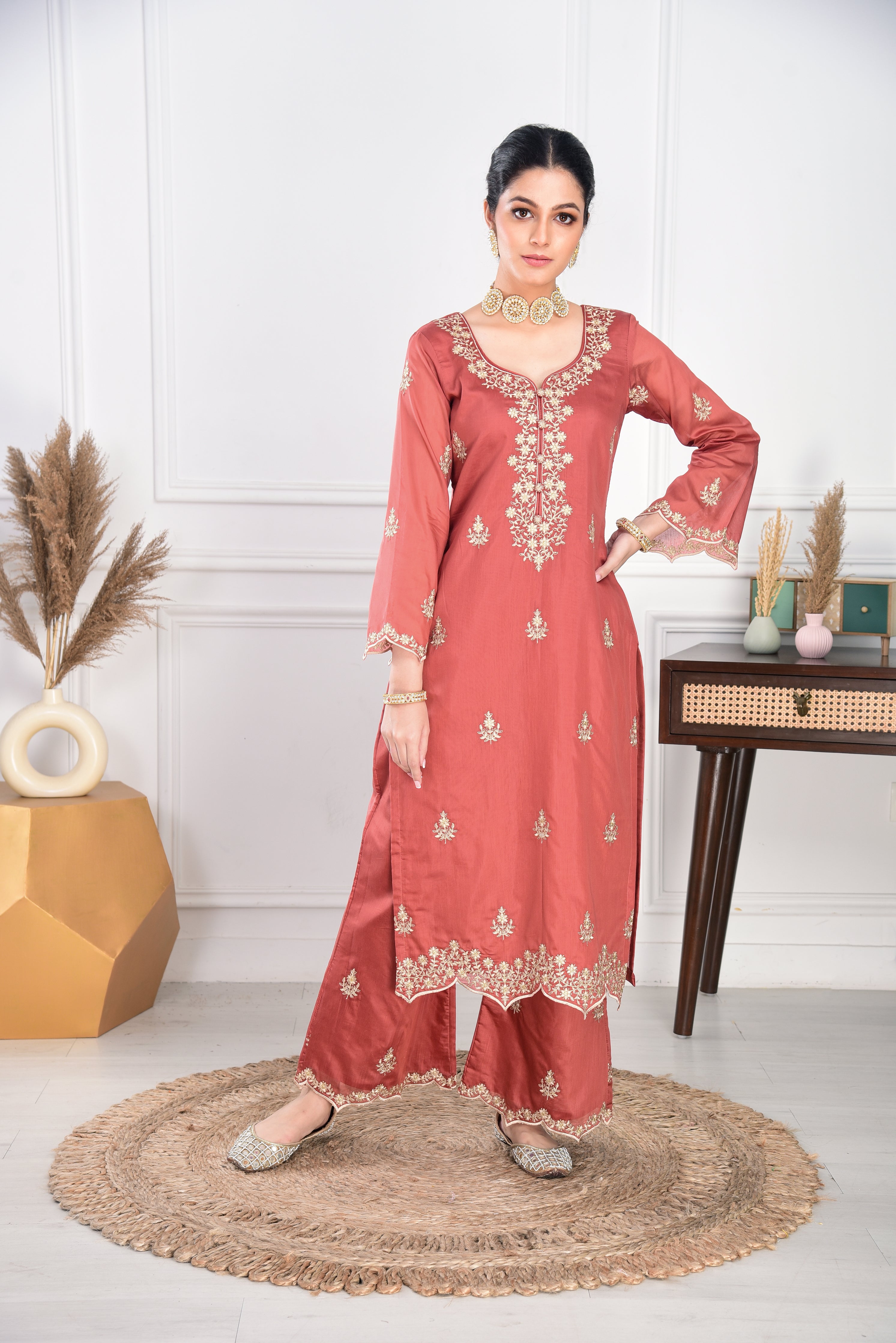 Rust Chanderi Silk Suit Set