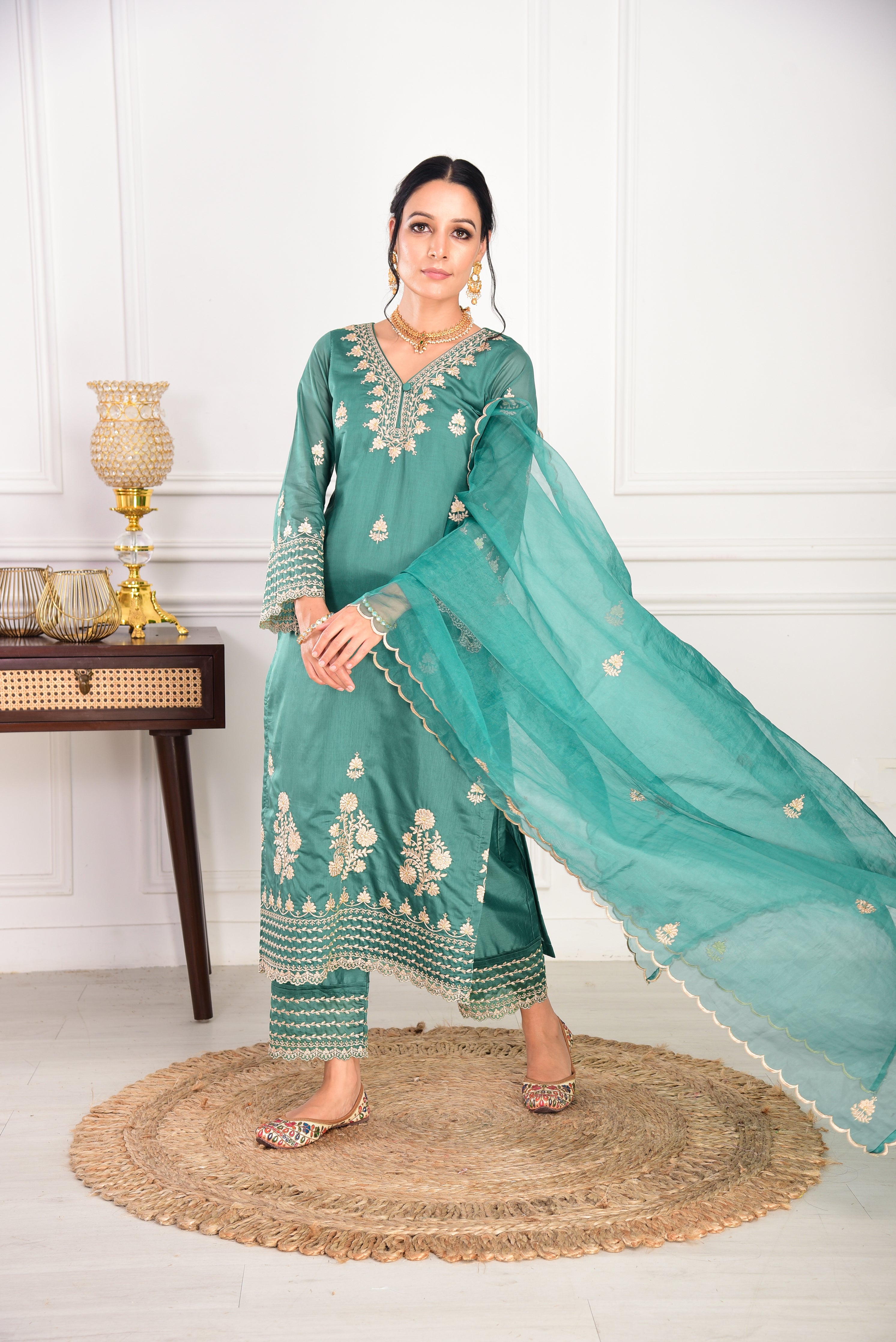 Pine Green Chanderi Silk Suit Set