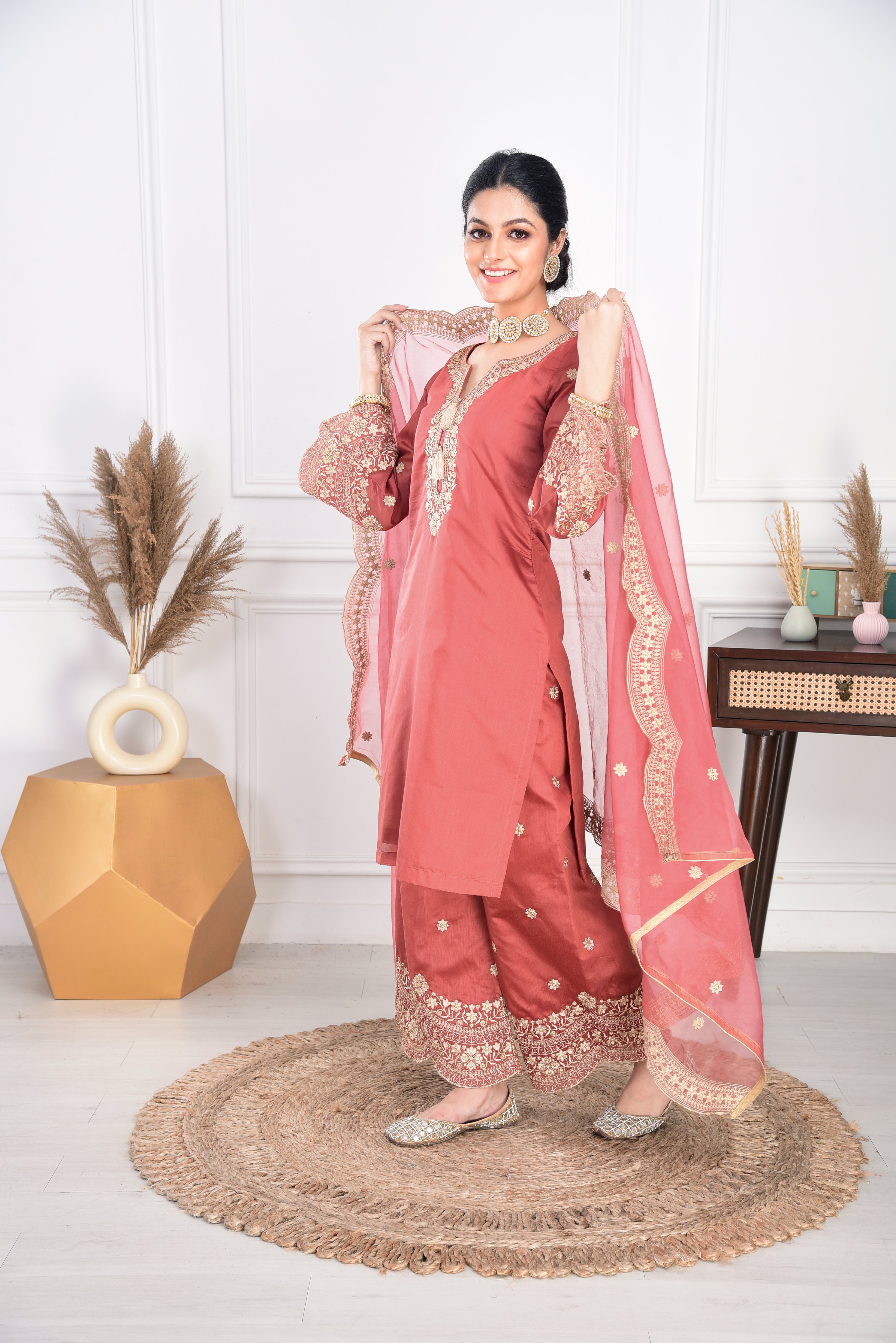 Rust Chanderi Silk Suit Set