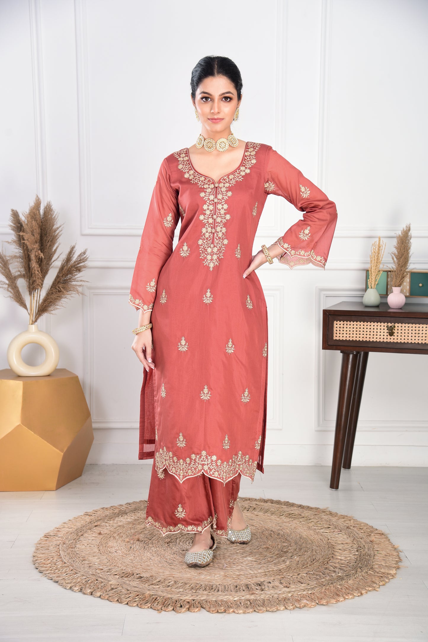 Rust Chanderi Silk Suit Set