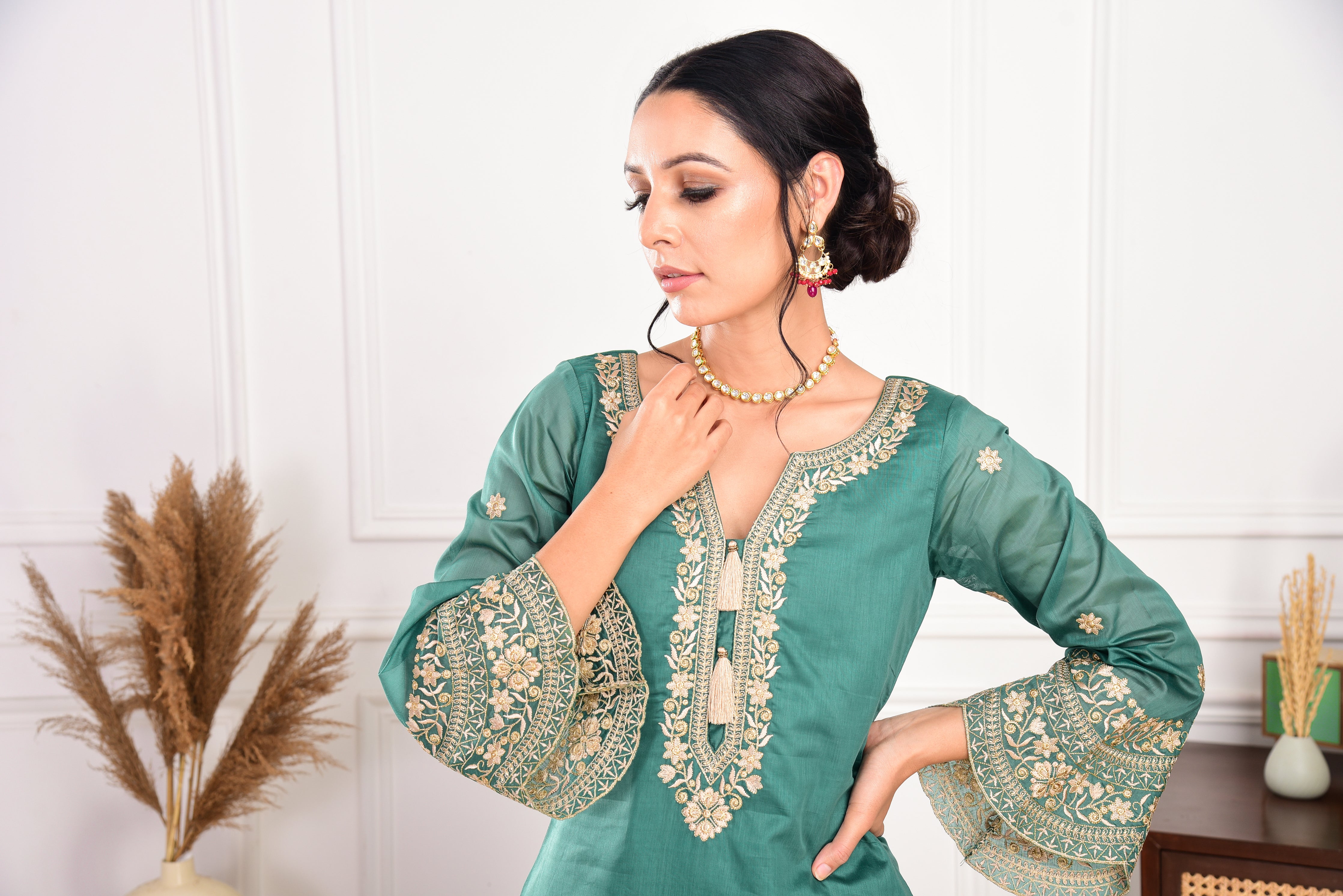 Pine Green Chanderi Silk Suit Set
