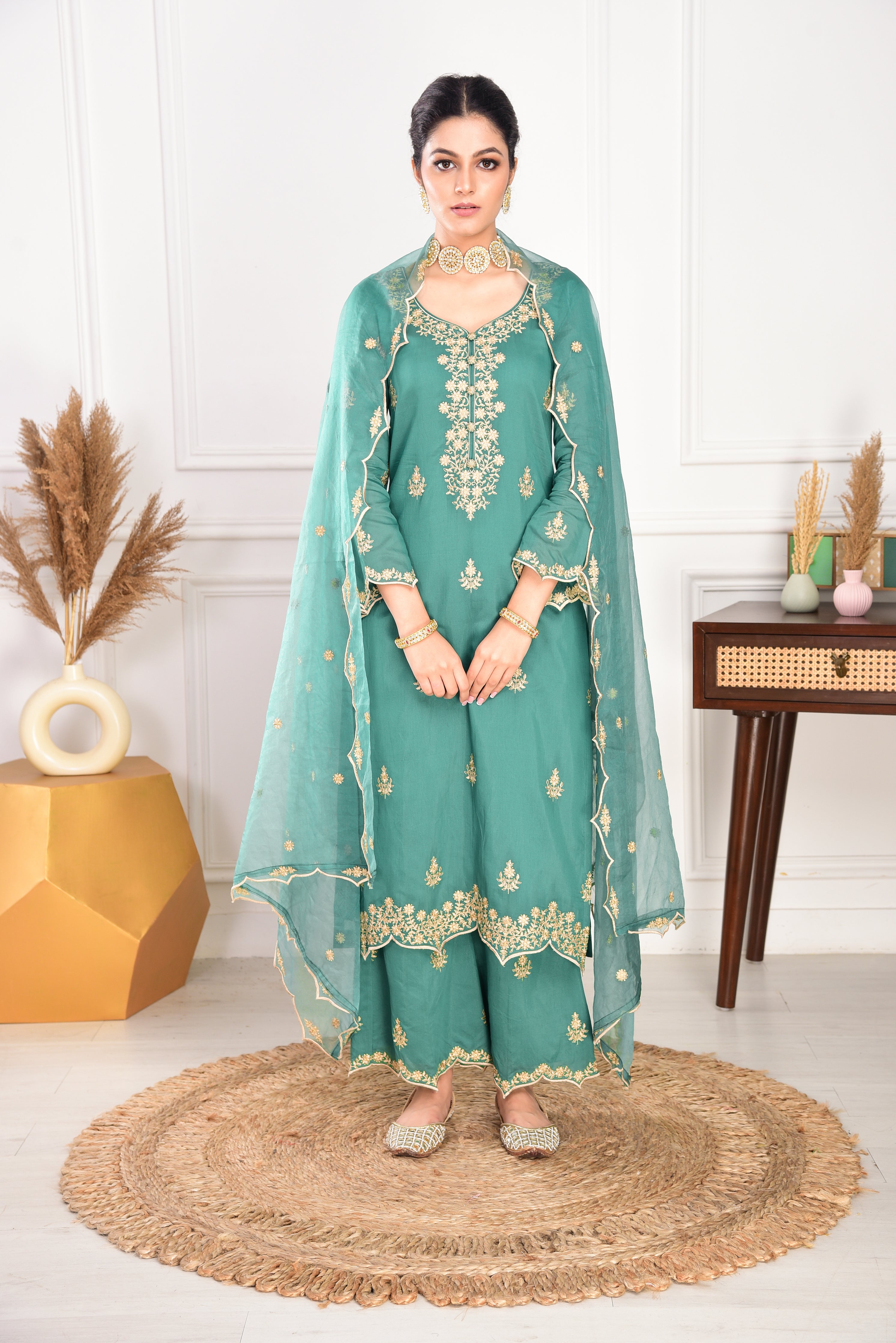 Pine Green Chanderi Silk Suit Set