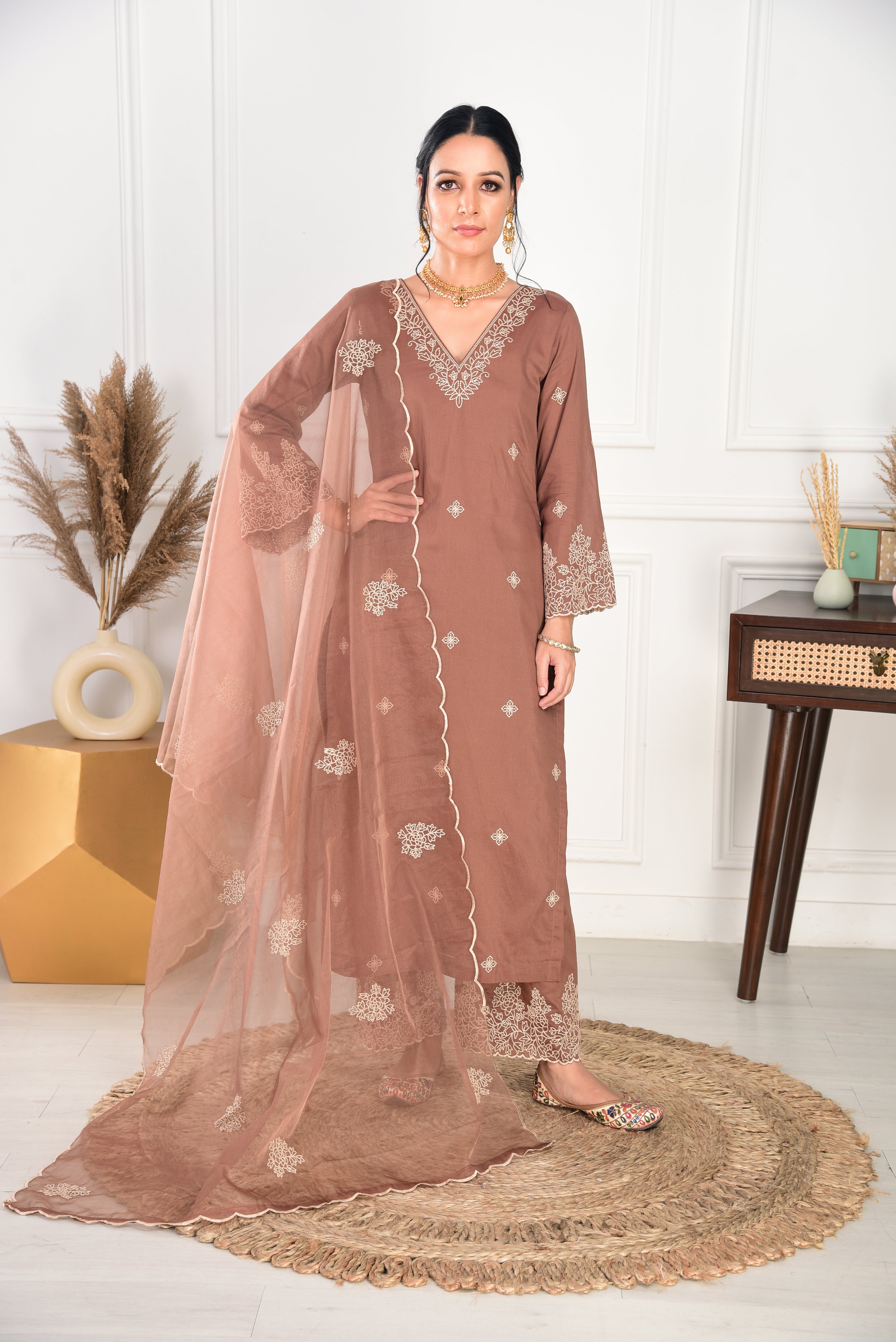 Walnut Brown Chanderi Silk Suit Set