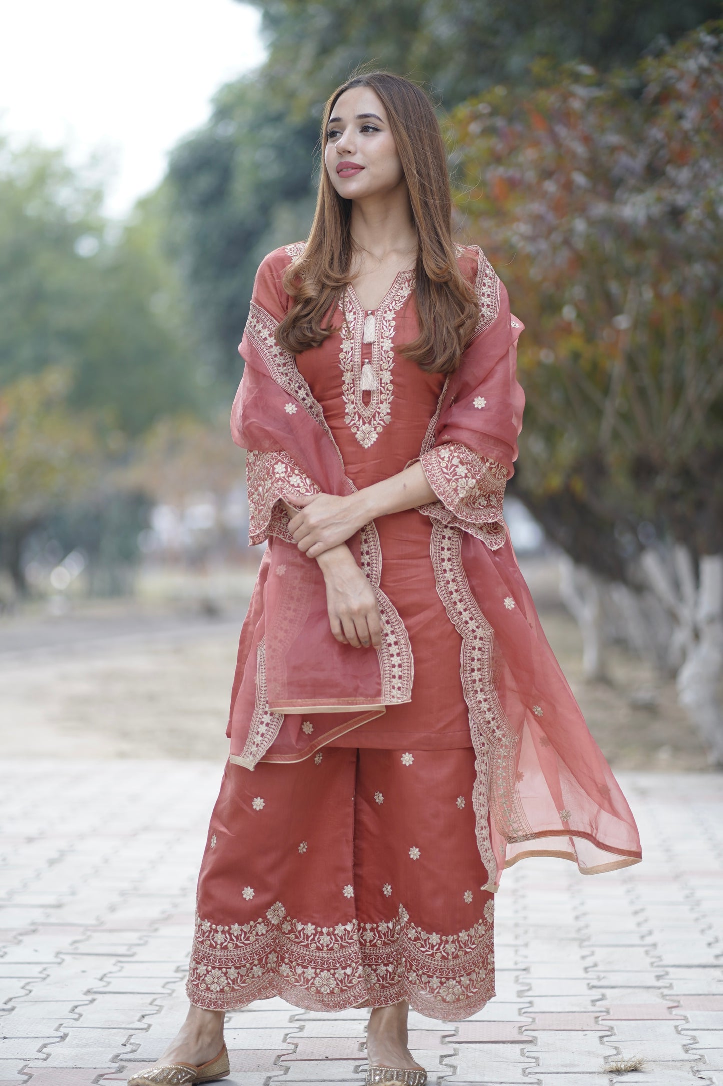Ria Malhotra in Rust Chanderi Silk Suit Set