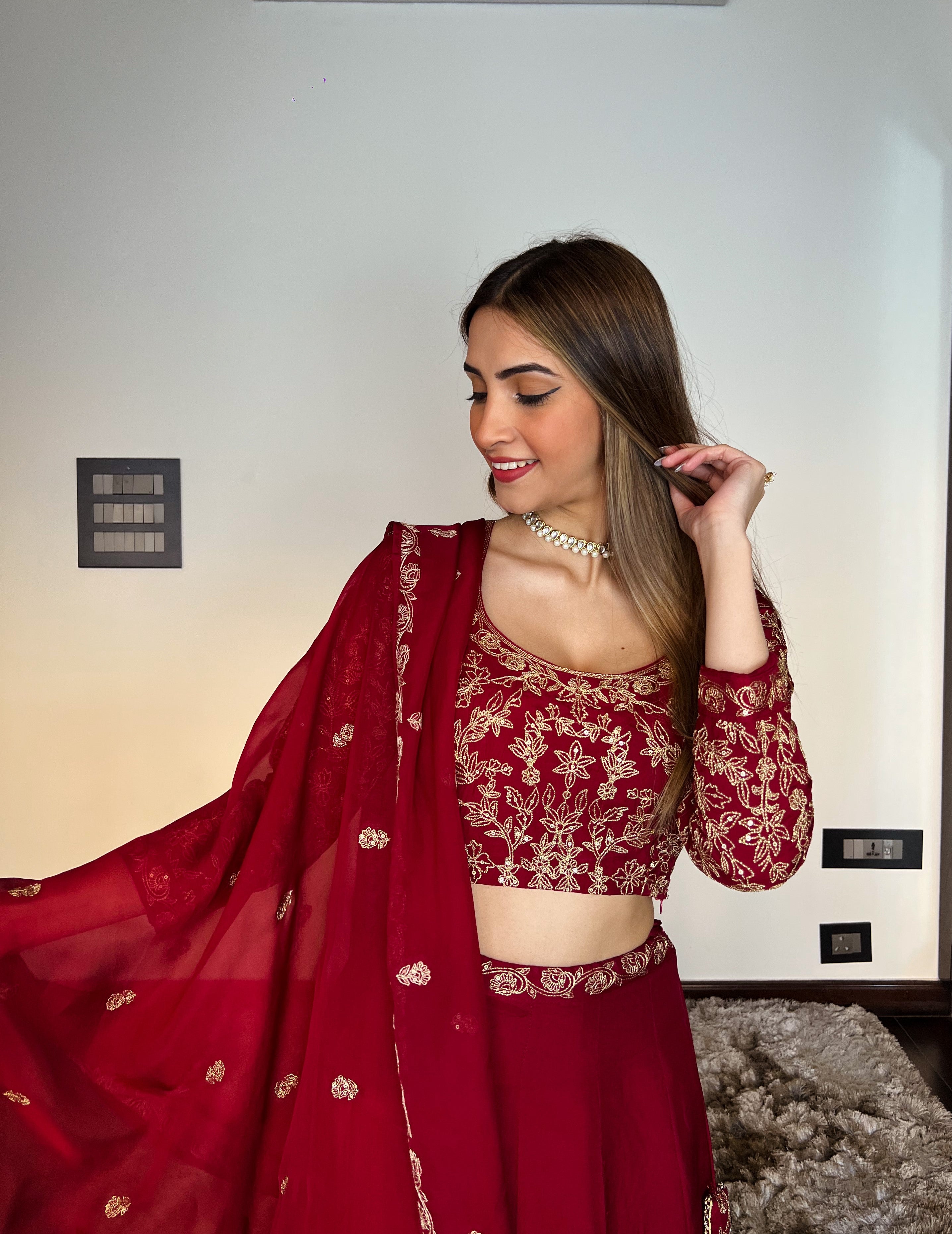 Best Maroon Gajji Silk Fabric Crop Top Lehenga For Navratri 2022 – Gunj  Fashion
