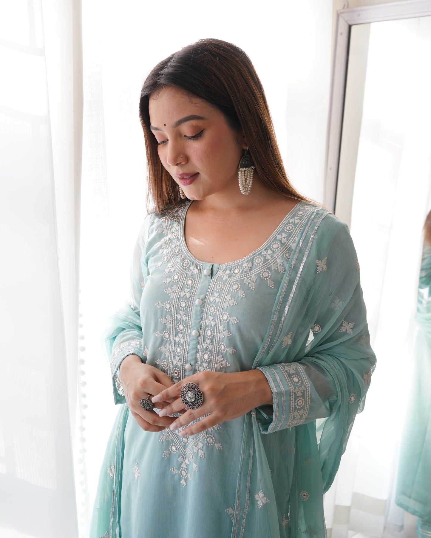 Arti Chauhan in Tiffany Blue Chanderi Suit Set