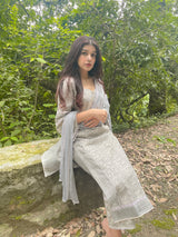 Aksha Pathak in Silver Grey Chanderi Suit Set