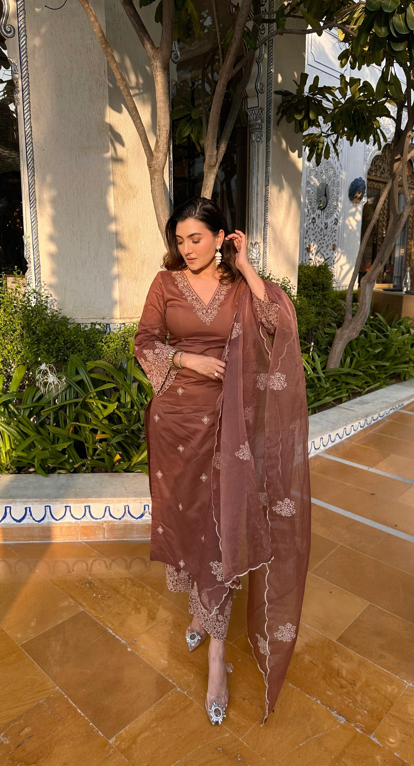 Deviya Singh Choudhary in Walnut Brown Chanderi Silk Suit Set