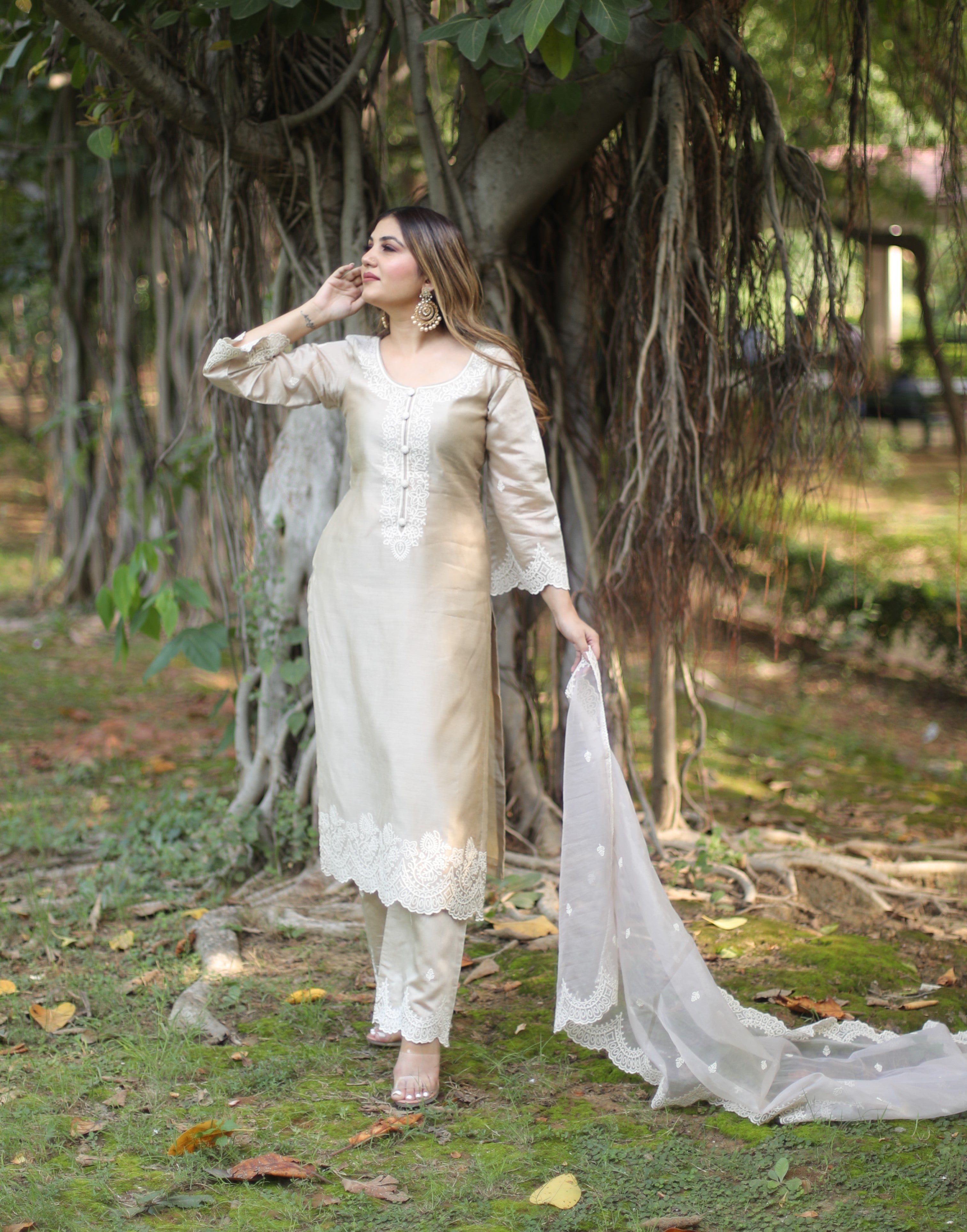 Priyanka Kamboj in Hazel Beige Chanderi Suit Set