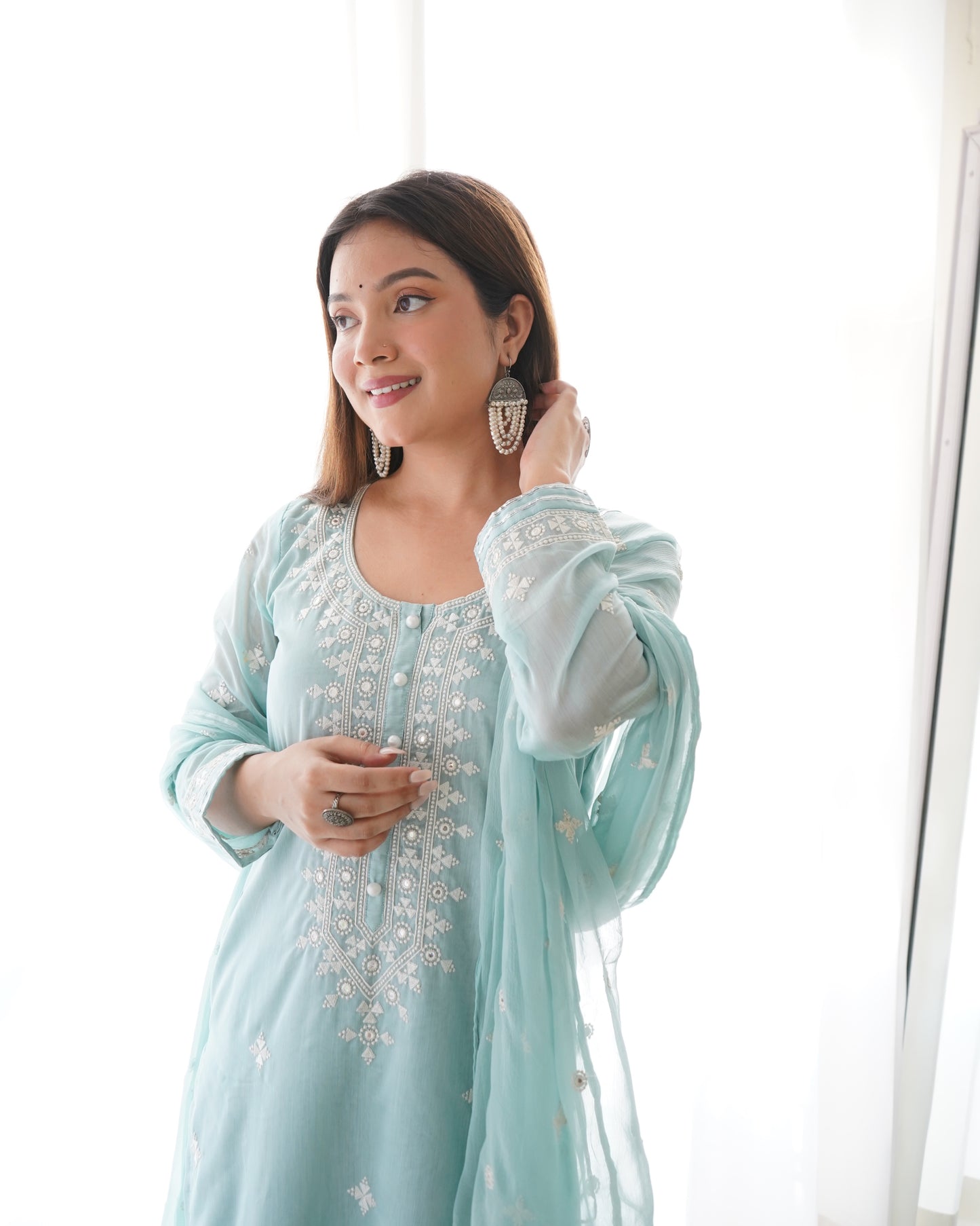 Arti Chauhan in Tiffany Blue Chanderi Suit Set