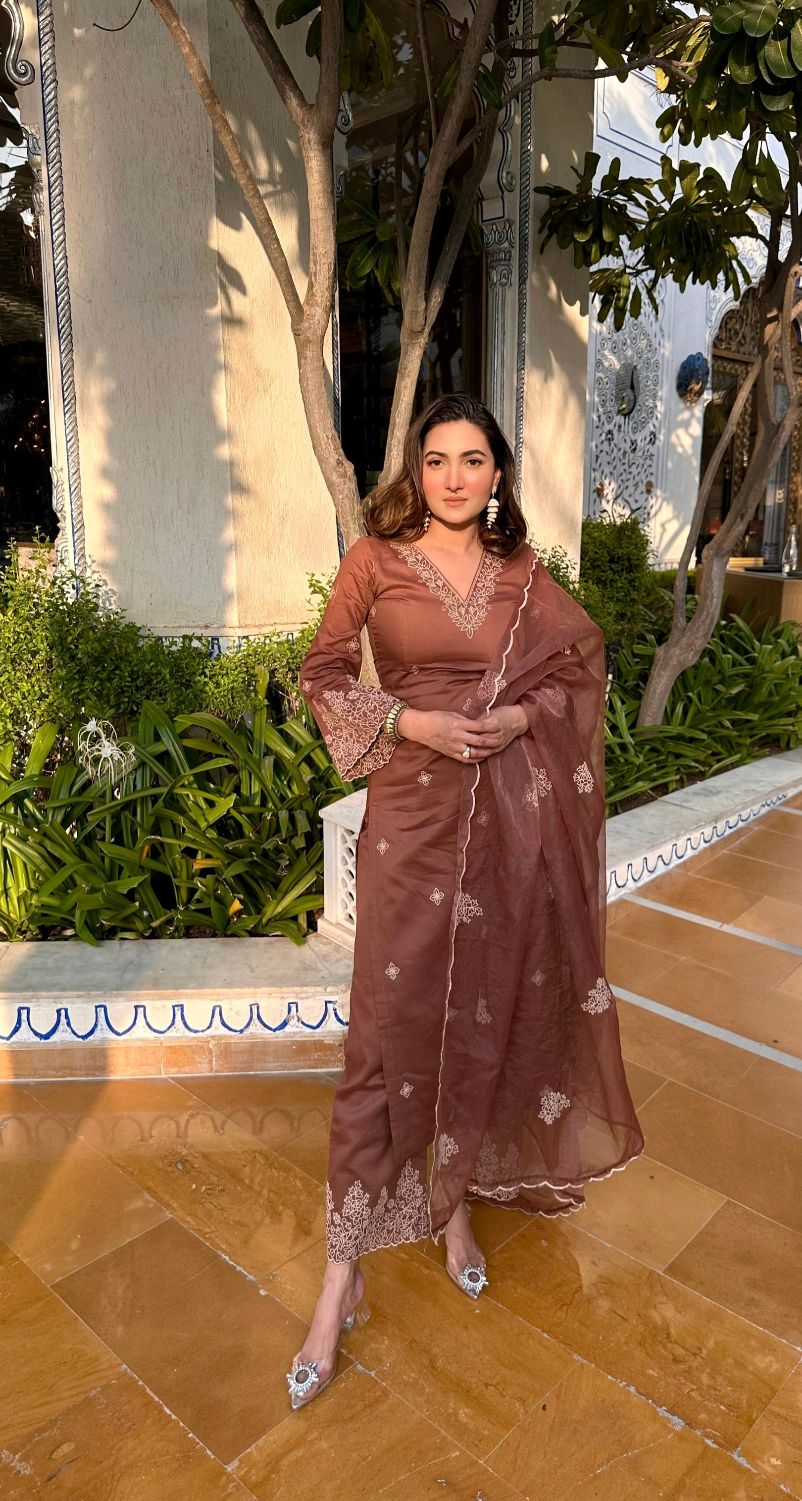 Deviya Singh Choudhary in Walnut Brown Chanderi Silk Suit Set