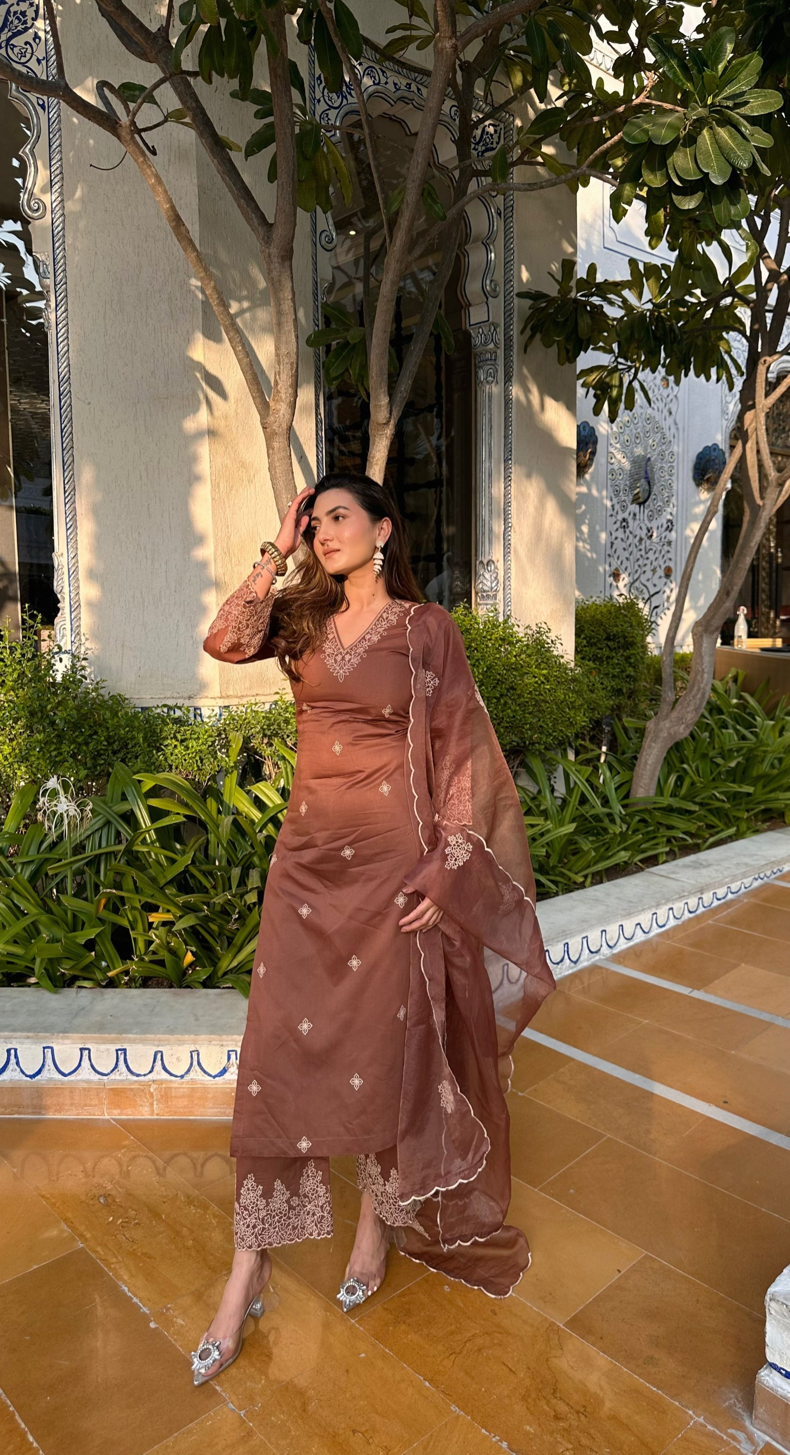 Deviya Singh Choudhary in Walnut Brown Chanderi Silk Suit Set