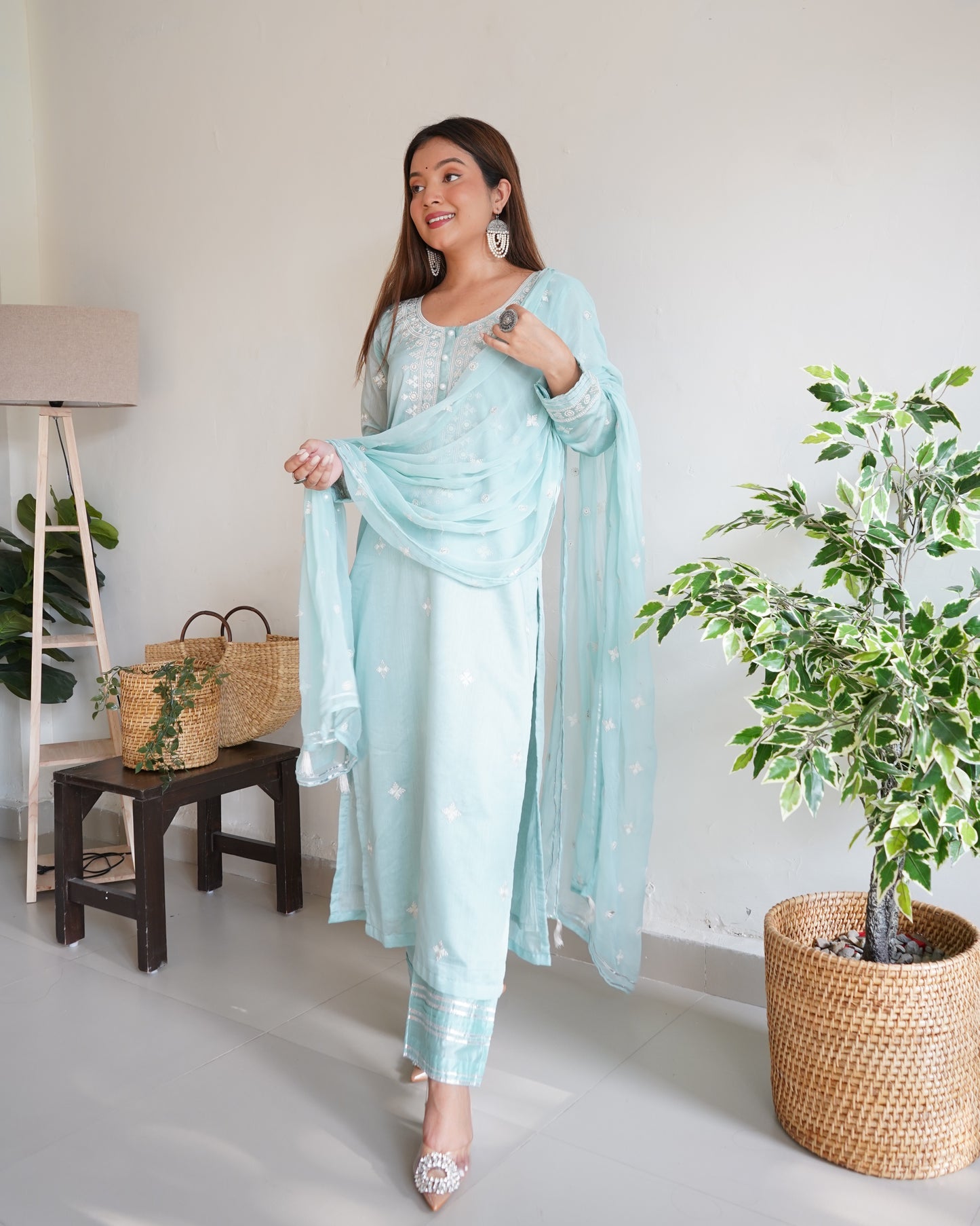 Arti Chauhan in Tiffany Blue Chanderi Suit Set