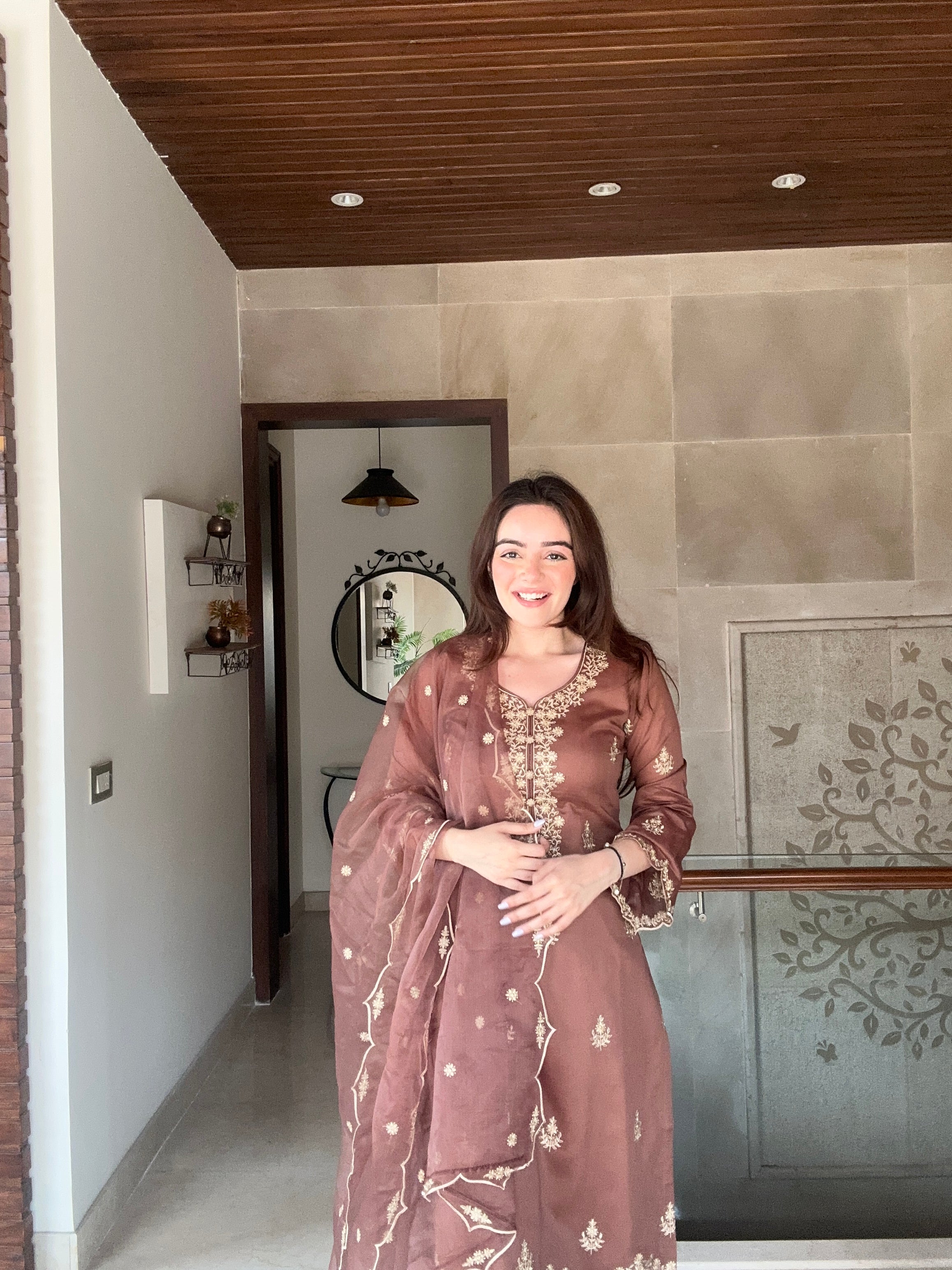Simran Sethi in Walnut Brown Chanderi Silk Suit Set