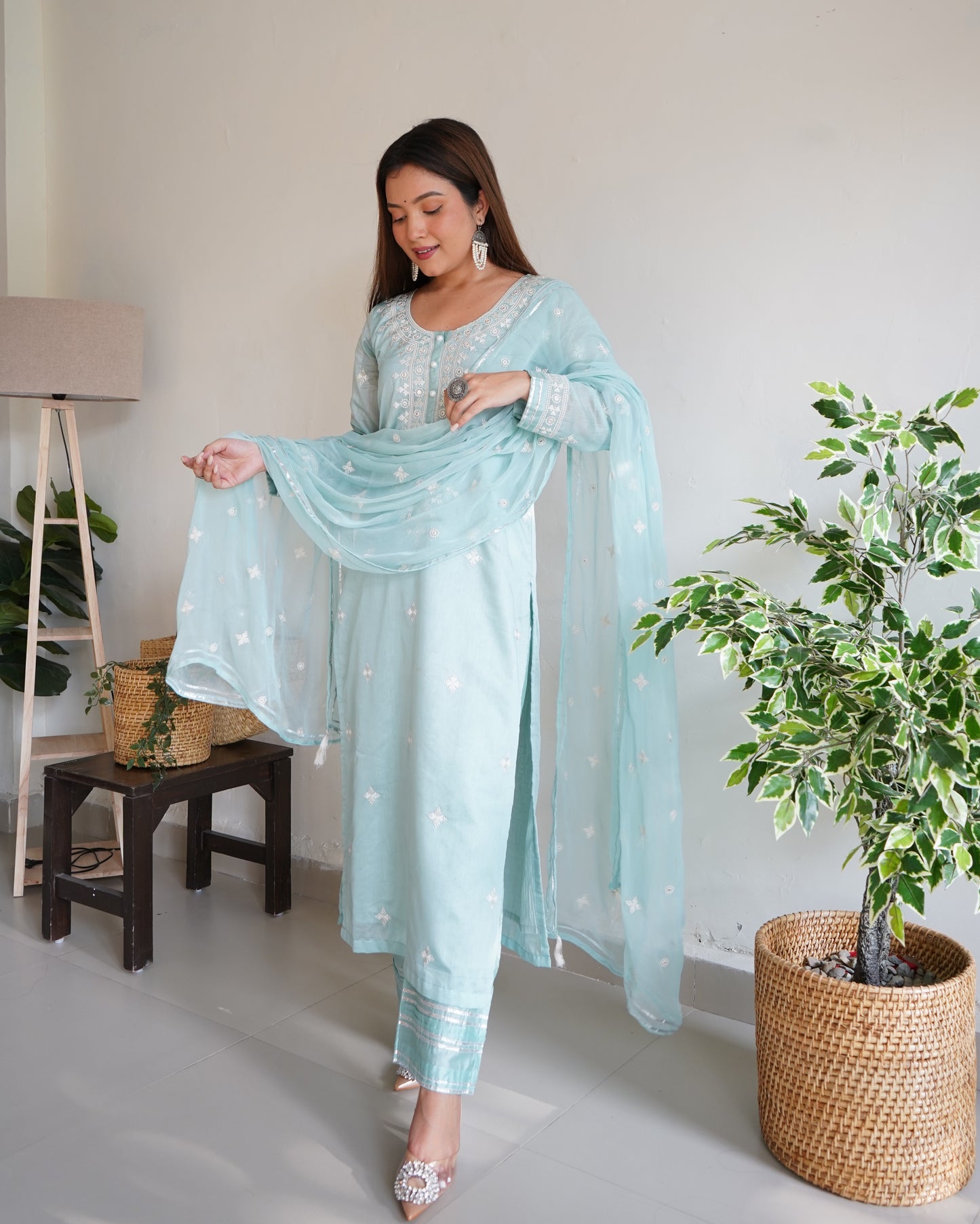 Arti Chauhan in Tiffany Blue Chanderi Suit Set