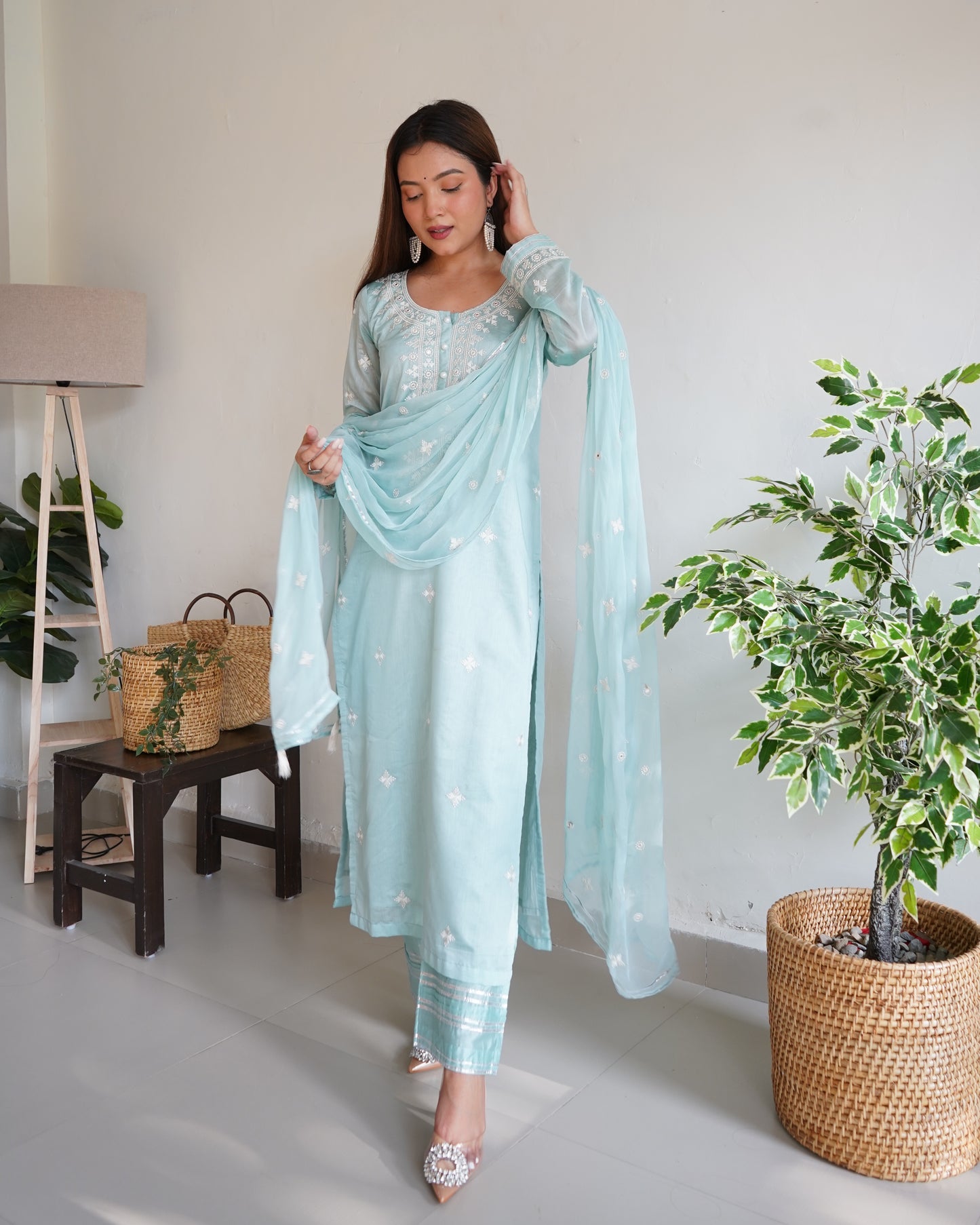 Arti Chauhan in Tiffany Blue Chanderi Suit Set