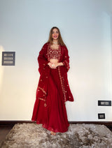 Shreya Lakhani in Sunehri Maroon Lehenga Set