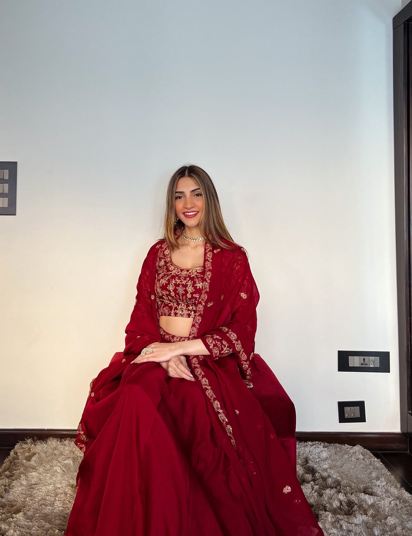 Shreya Lakhani in Sunehri Maroon Lehenga Set