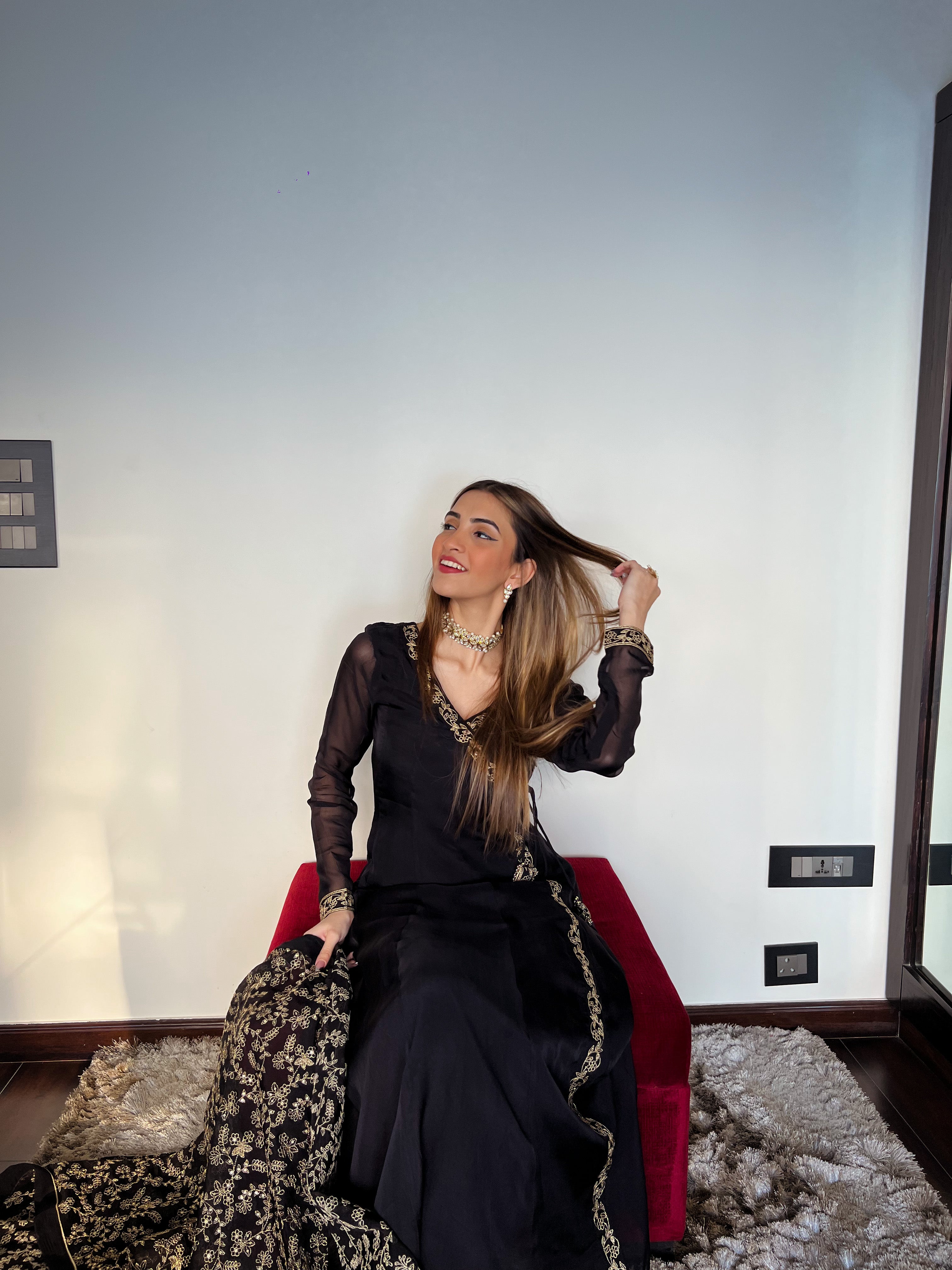 Shreya Lakhani in Sunehri Black Angrakha Anarkali Set